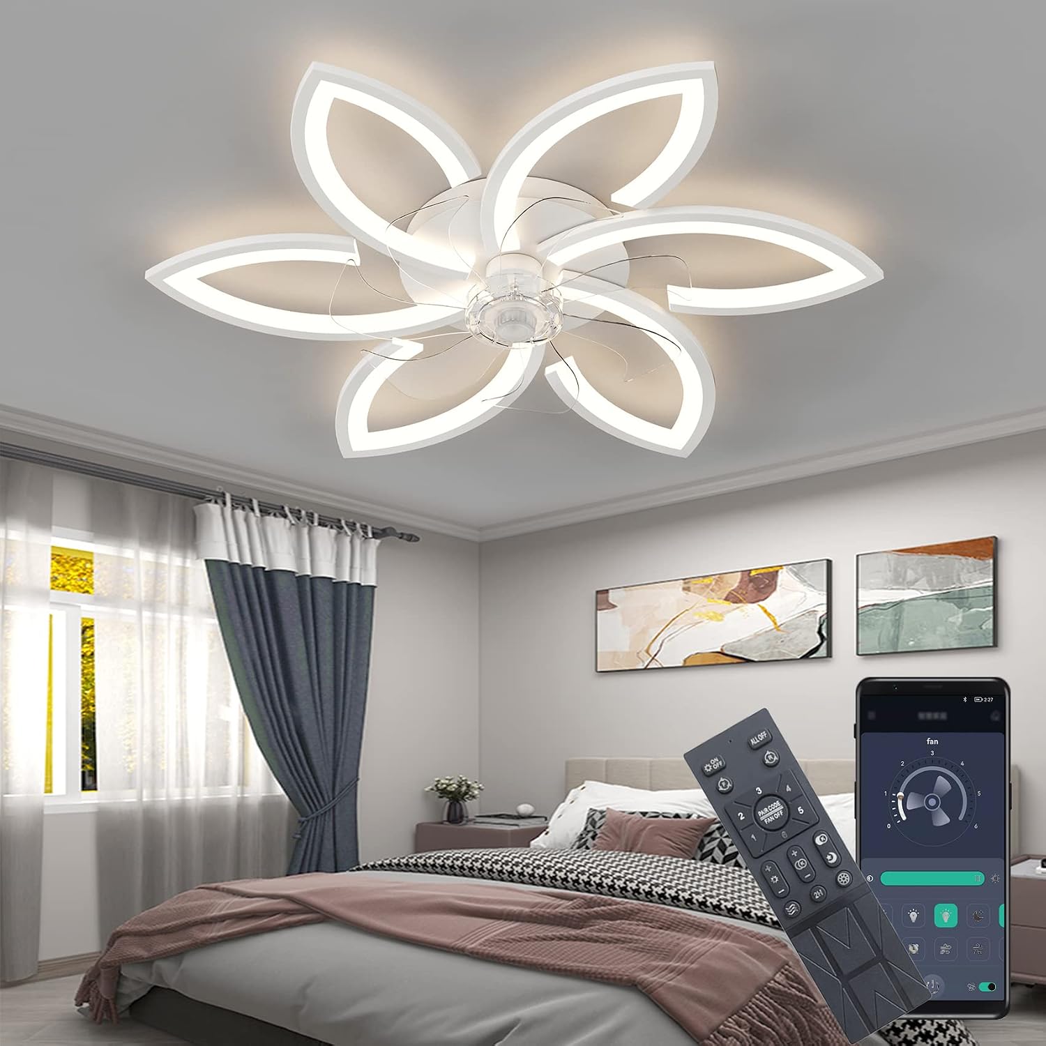 Detalle de DIDADIDA Blanc – wentylator sufitowy z oświetleniem LED 78 × 78 cm
