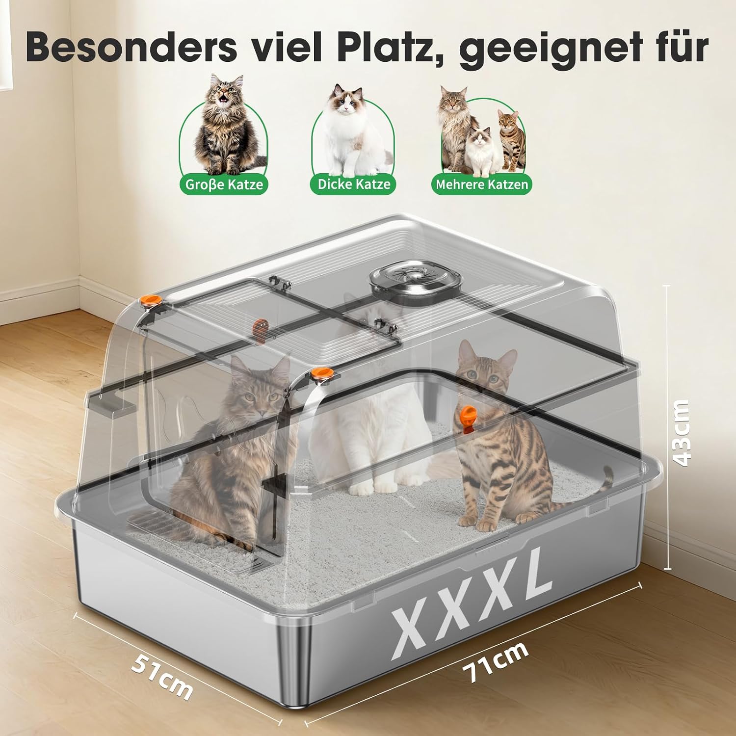 Detalle de XXXL Edelstahl Katzentoilette mit Deckel – extra große, geschlossene Katzentoilette mit 180° Klappdeckel und abnehmbarem Deckel