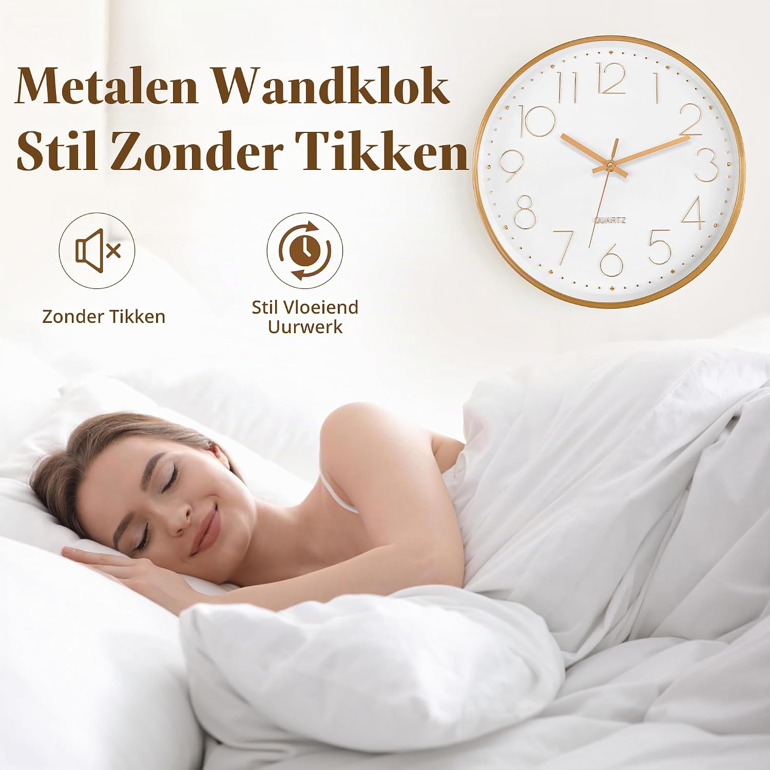 Detalle de Foxtop Horloge Murale-04 wandklok 30 cm, goudkleurig en geruisloos