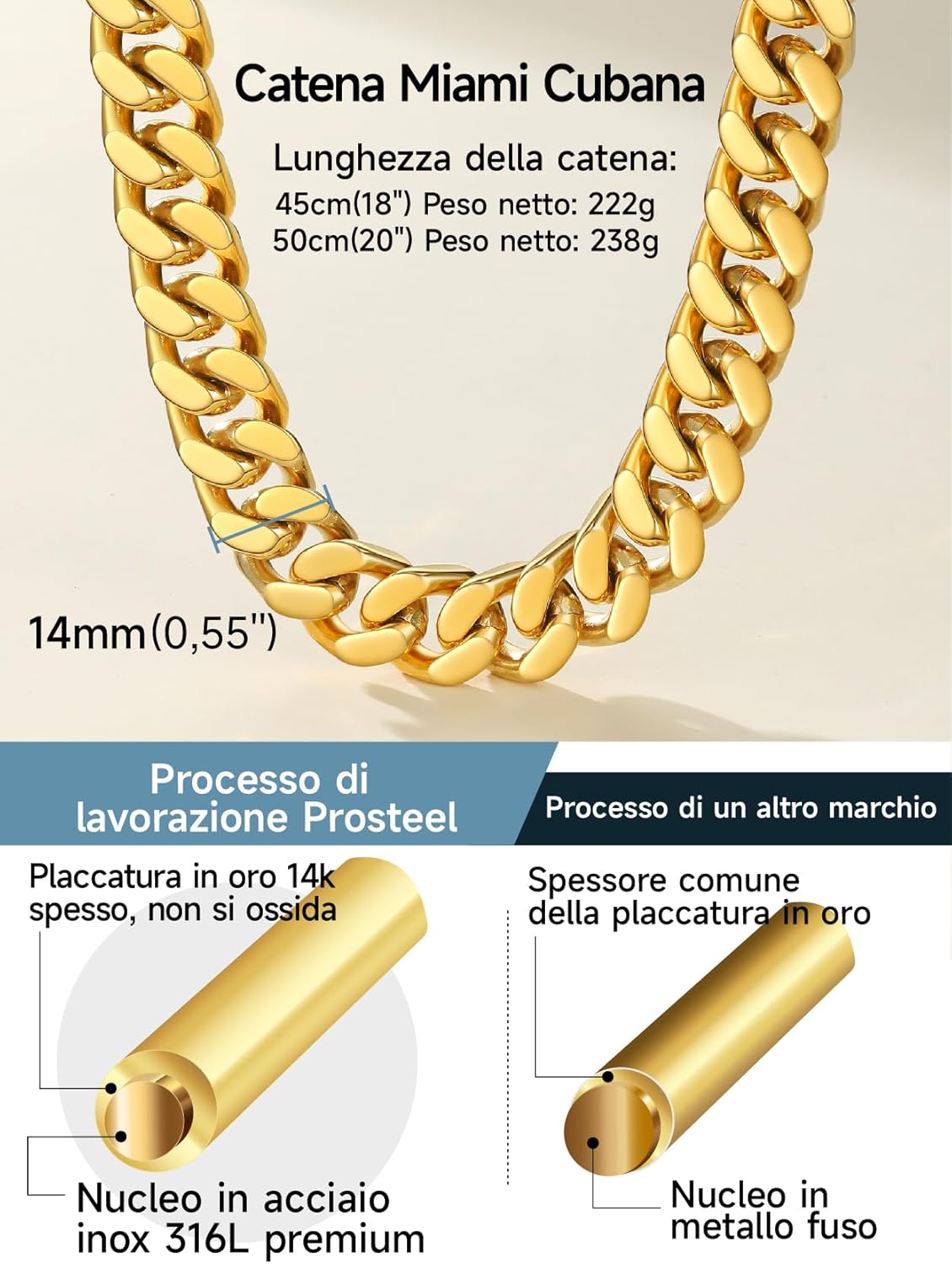 Thumbnail 2 de PROSTEEL Punk Collana Donna Cubana in Acciaio 316L, 45–50 cm, Spessori 5/12/14 mm