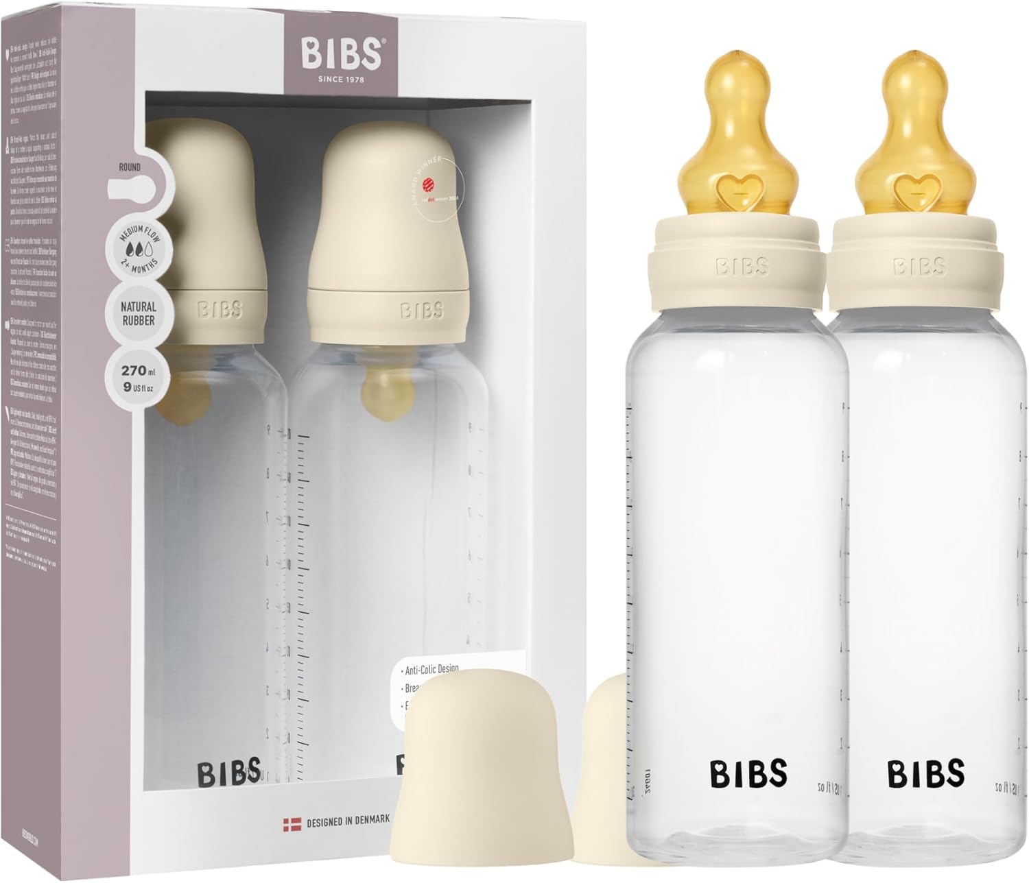 BIBS Baby Bottle 270 ml Natural Rubber Latex Nipples 2 Pack
