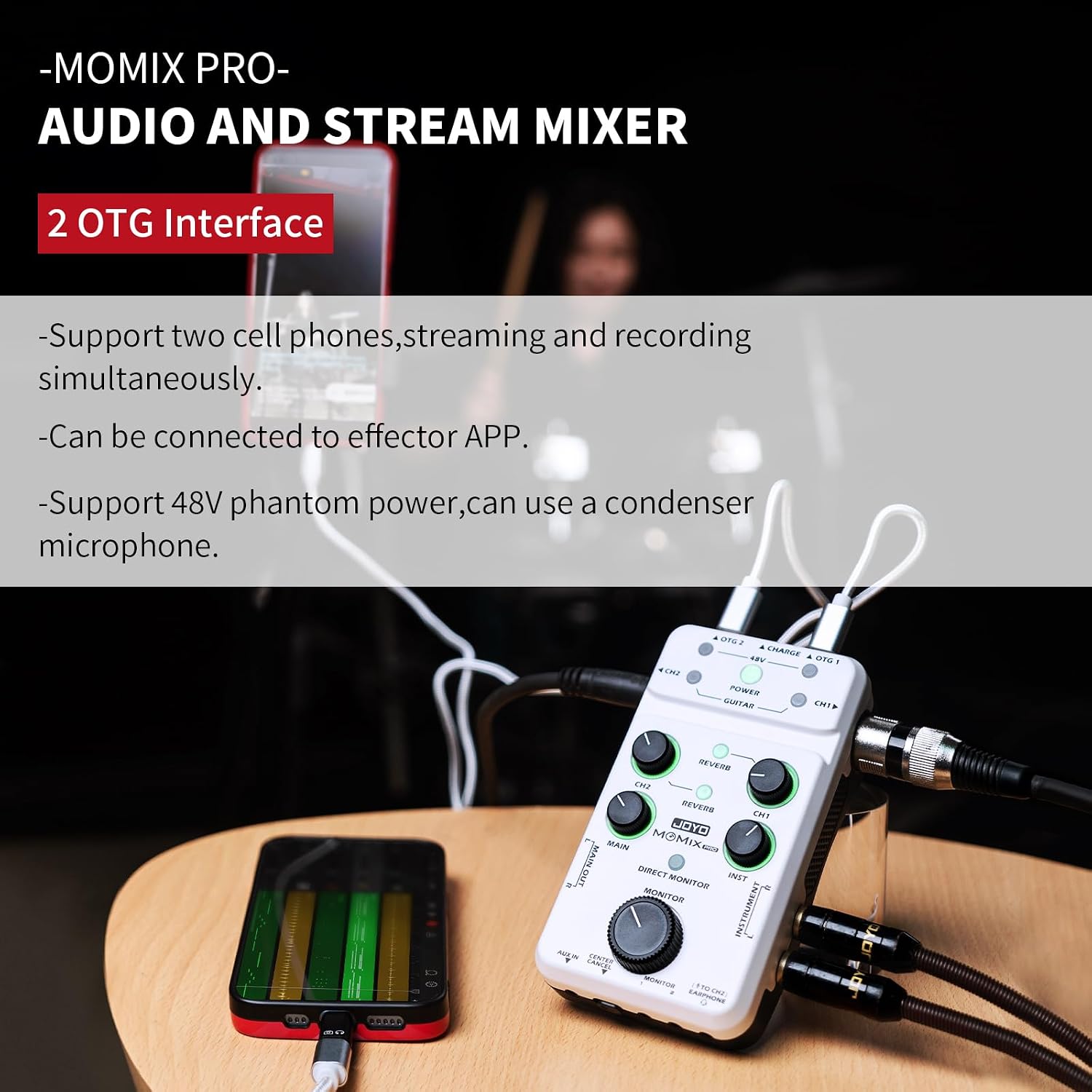 Detalle 2 de JOYO MOMIX-Pro Portable Audio Mixer with 48V Phantom Power and Dual OTG