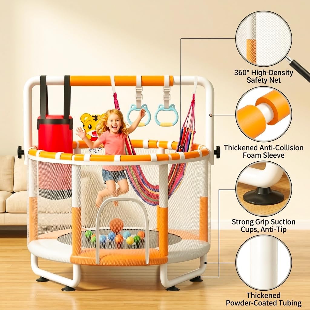 Detalle 2 de KINETRA 55" Kids Indoor Trampoline with Safety Net, Adjustable Gymnastics Bar & Toys (Ages 3+)