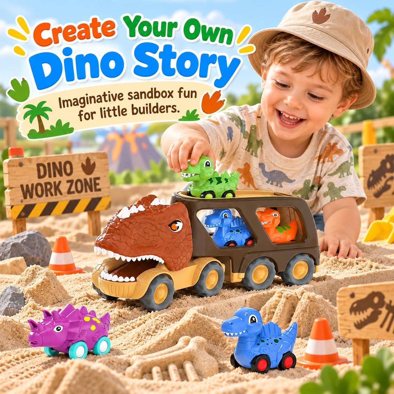 Detalle 2 de Veslier 559A8 Dinosaur Truck Toy with 4 Pull-Back Cars, Lights and Sound