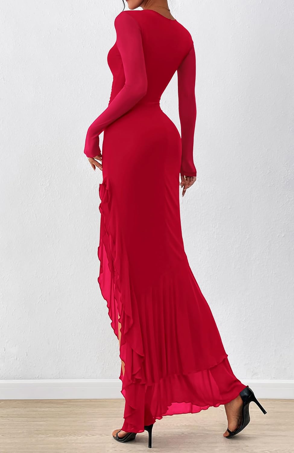 Thumbnail 2 de BTFBM Women's Maxi Dresses Spring 2026 Long Sleeve Ruched Bodycon Solid Ruffle Mermaid Cocktail Wedding Guest Dress