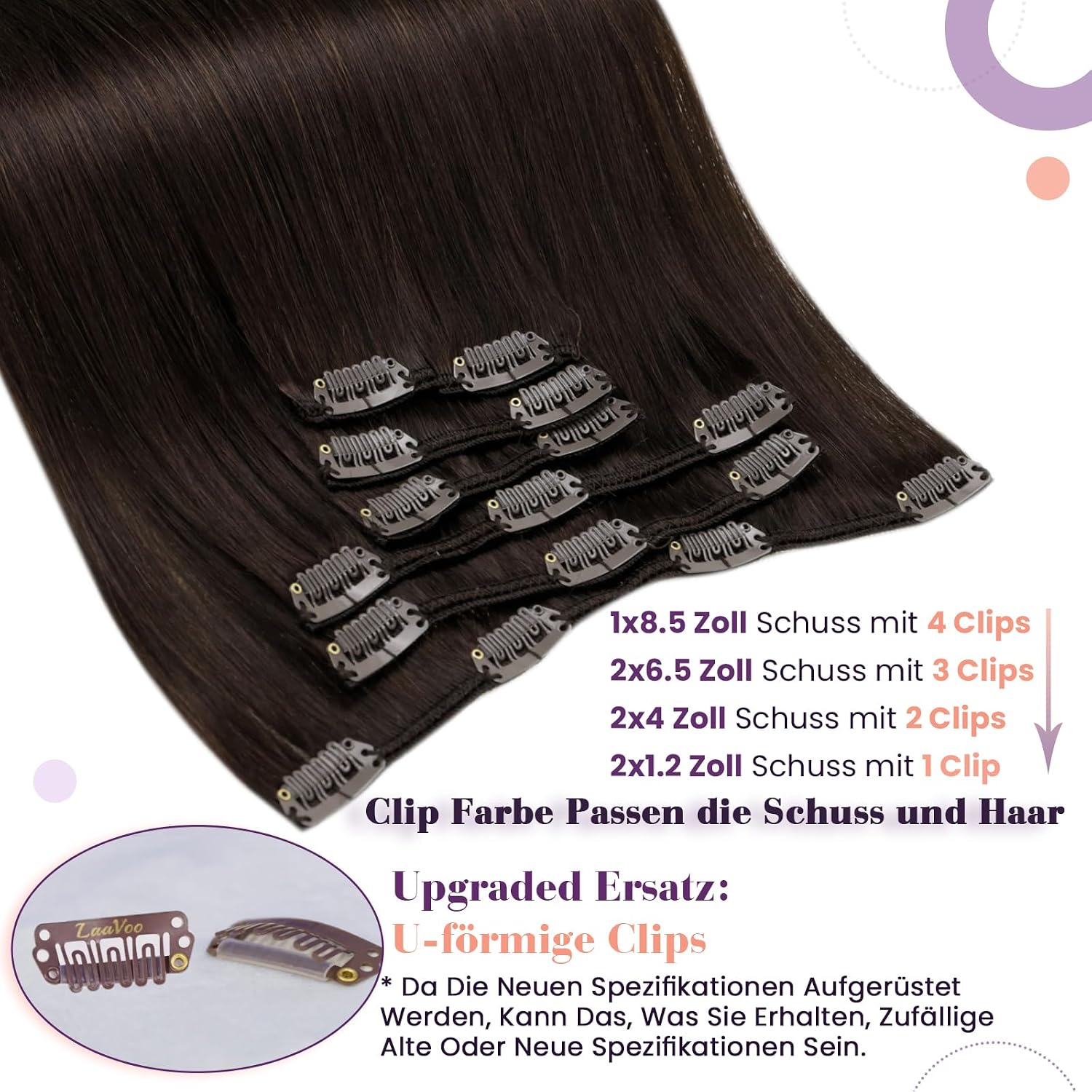 Detalle 2 de LaaVoo Clip-in Echthaar Extensions 50 cm, Dunkelbraun #4 – Remy Echthaar, 105 g