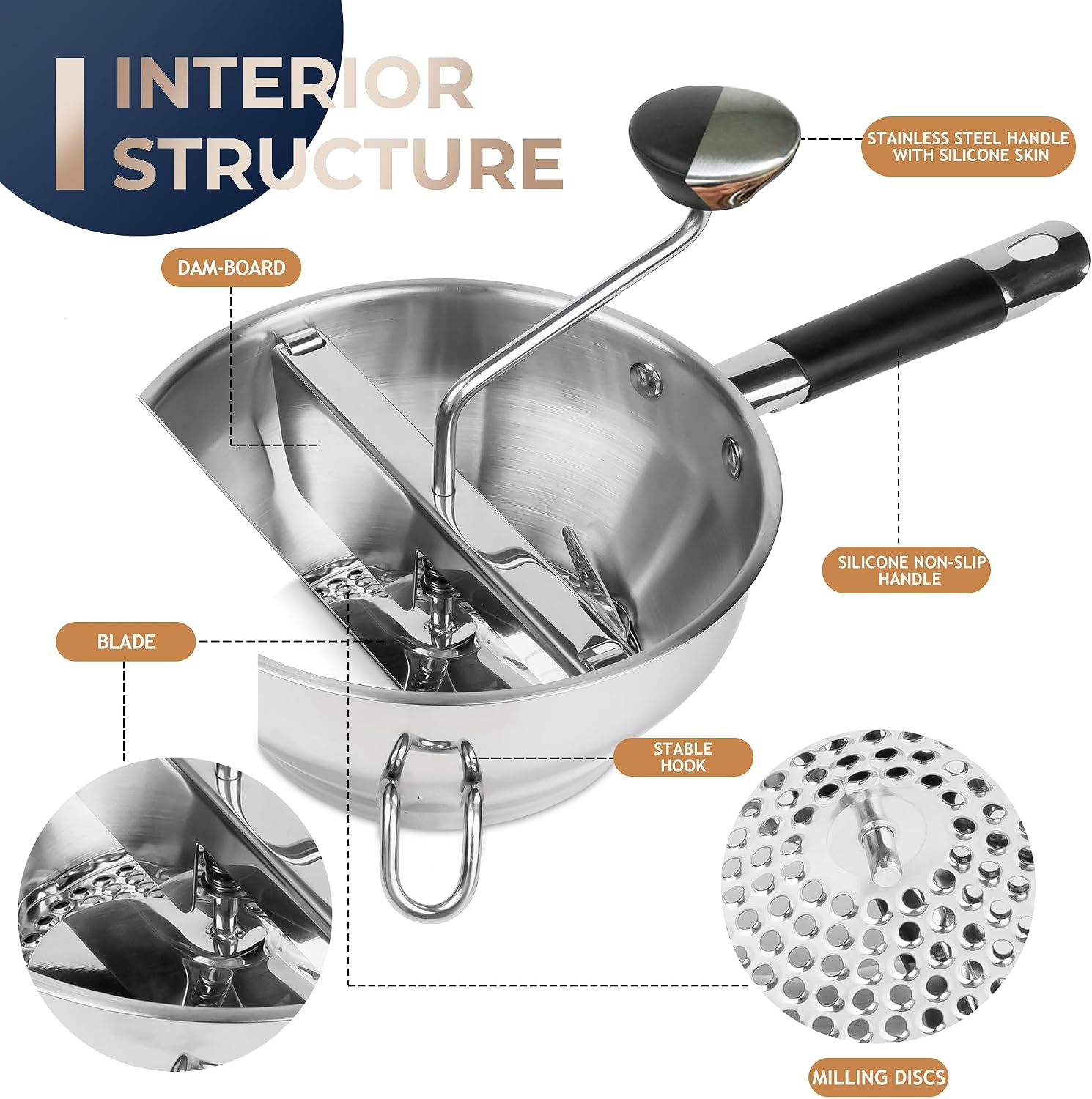 Detalle de Stainless Steel Food Mills with 3 Milling Discs — Ergonomic Rotary Design with Silicone Handle
