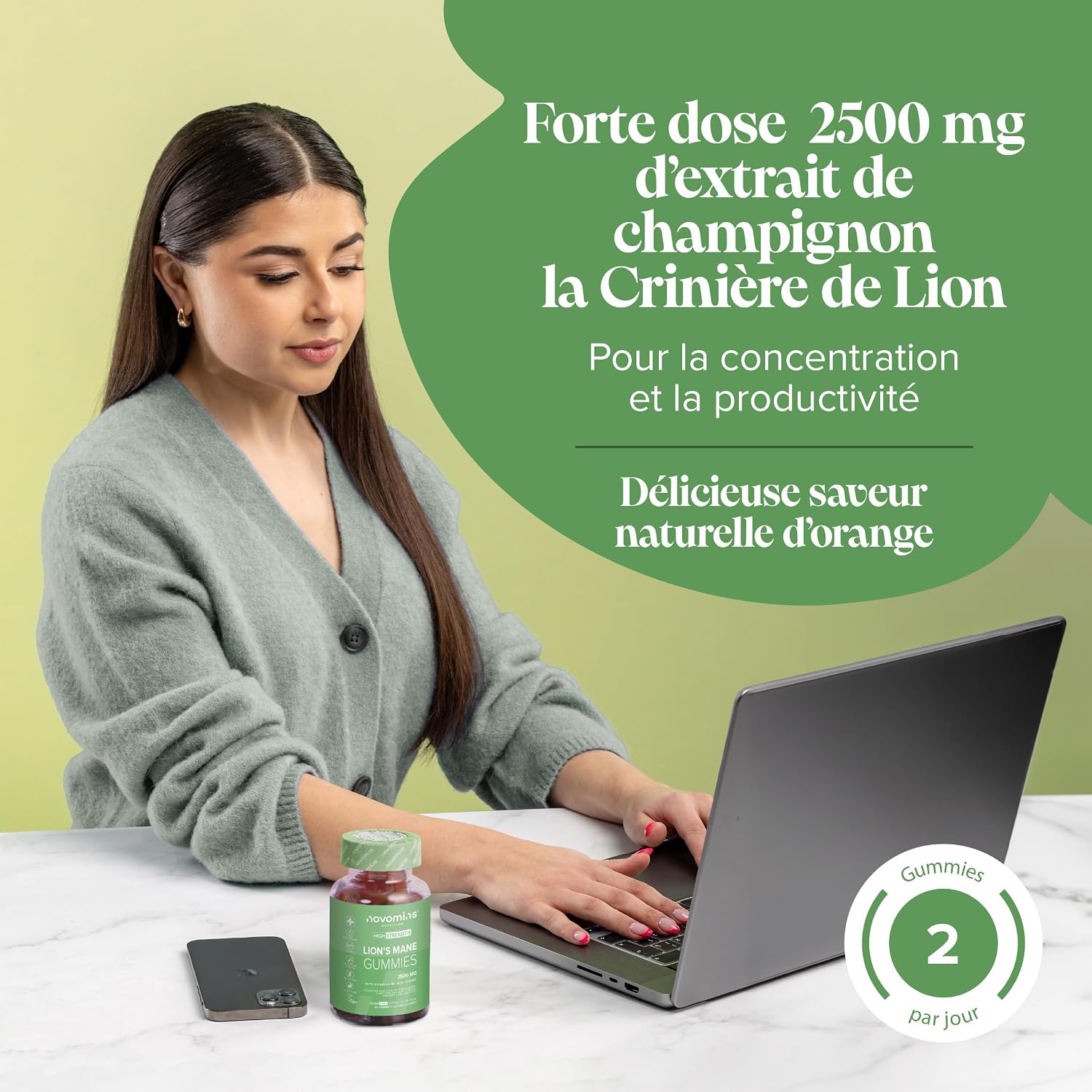 Detalle de Gommes Lion’s Mane Novomins – Extrait 2500 mg + vitamines B6/B12 et iode (60 gommes) sans sucre