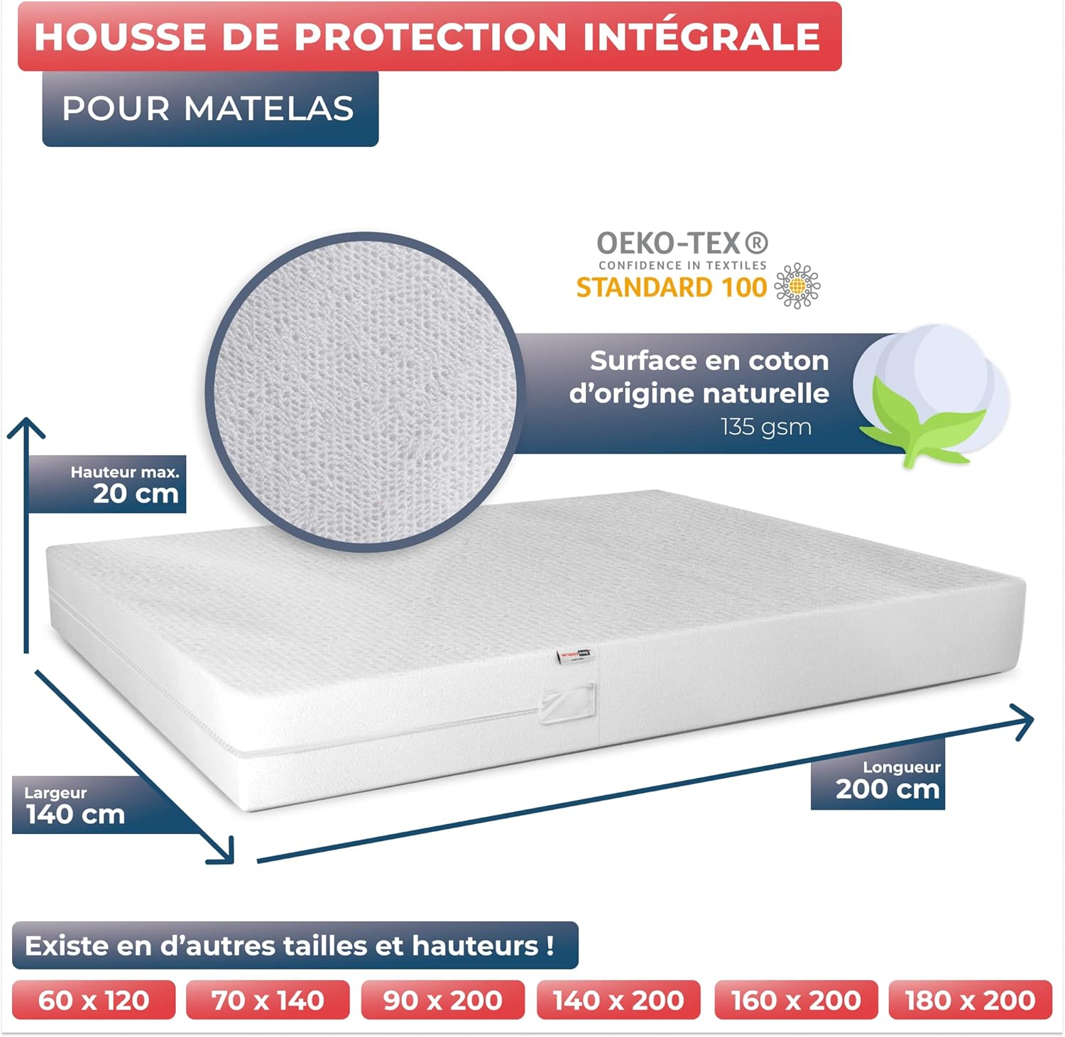 Thumbnail 1 de Wrappybag Housse de Matelas Imperméable – Housse Intégrale Anti-Punaise et Acarien (140x200x20 cm)