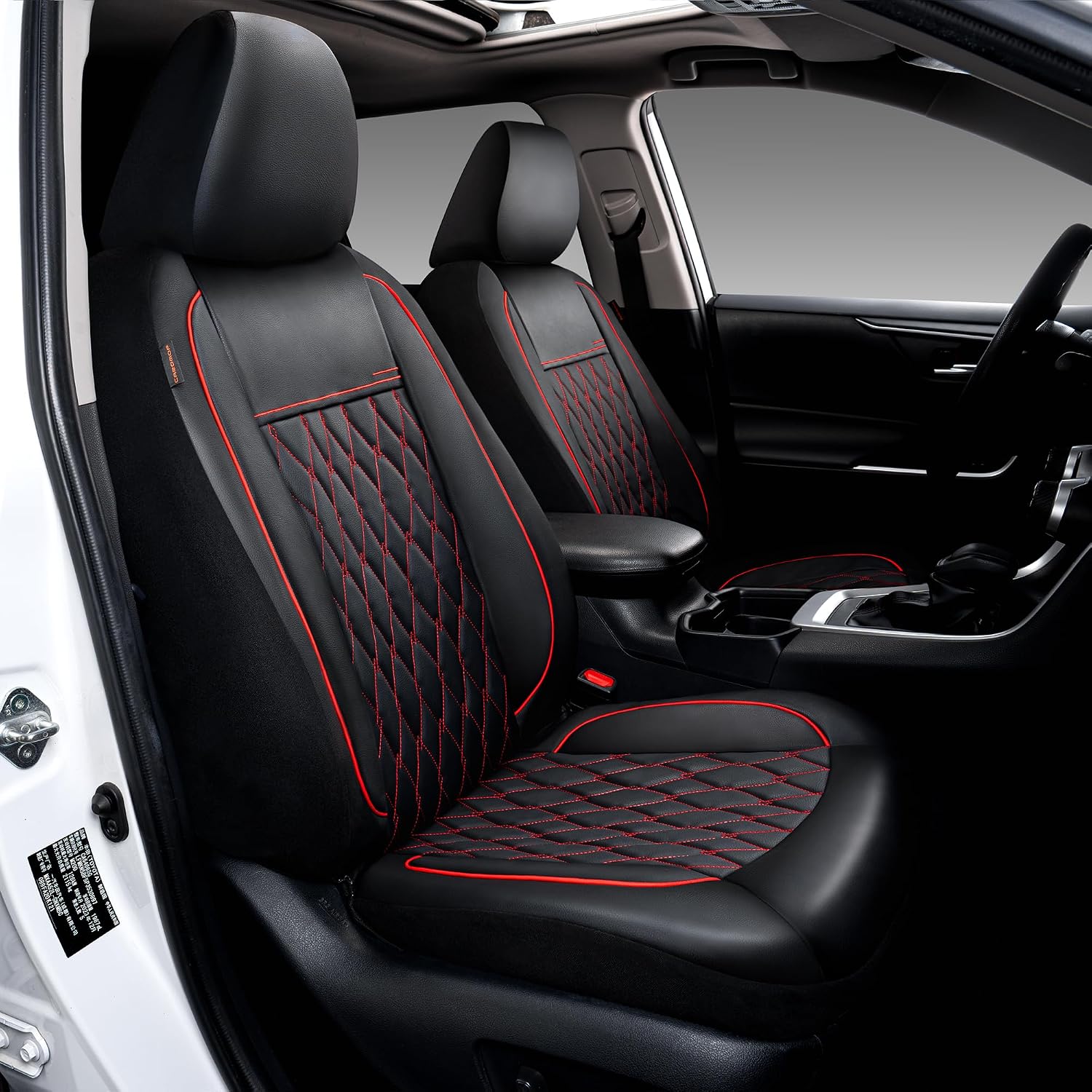 Detalle de CAROMOP Faux Leather Car Seat Covers Full Set (Split Bench Compatible, Airbag Compatible) — 5-Seat Black/Red