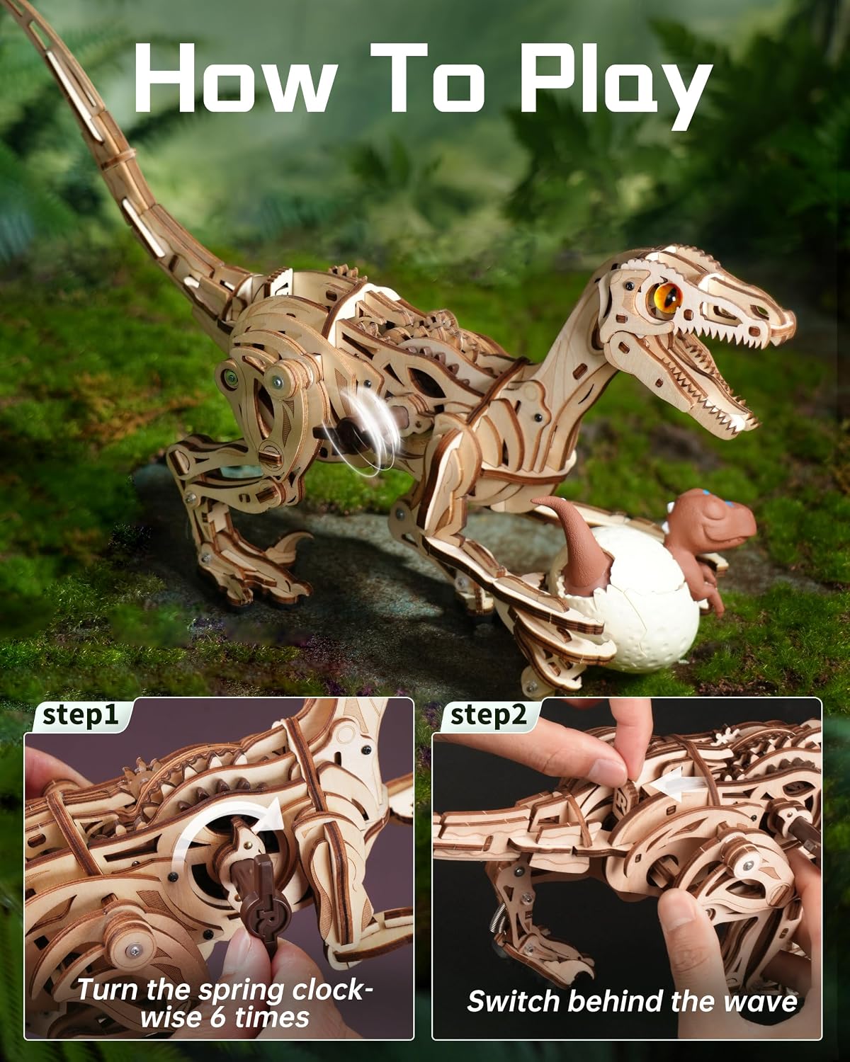 Thumbnail 3 de ROBOTIME LD01 3D Wooden Puzzle Dinosaur Kit (Velociraptor walking model) for kids & adults