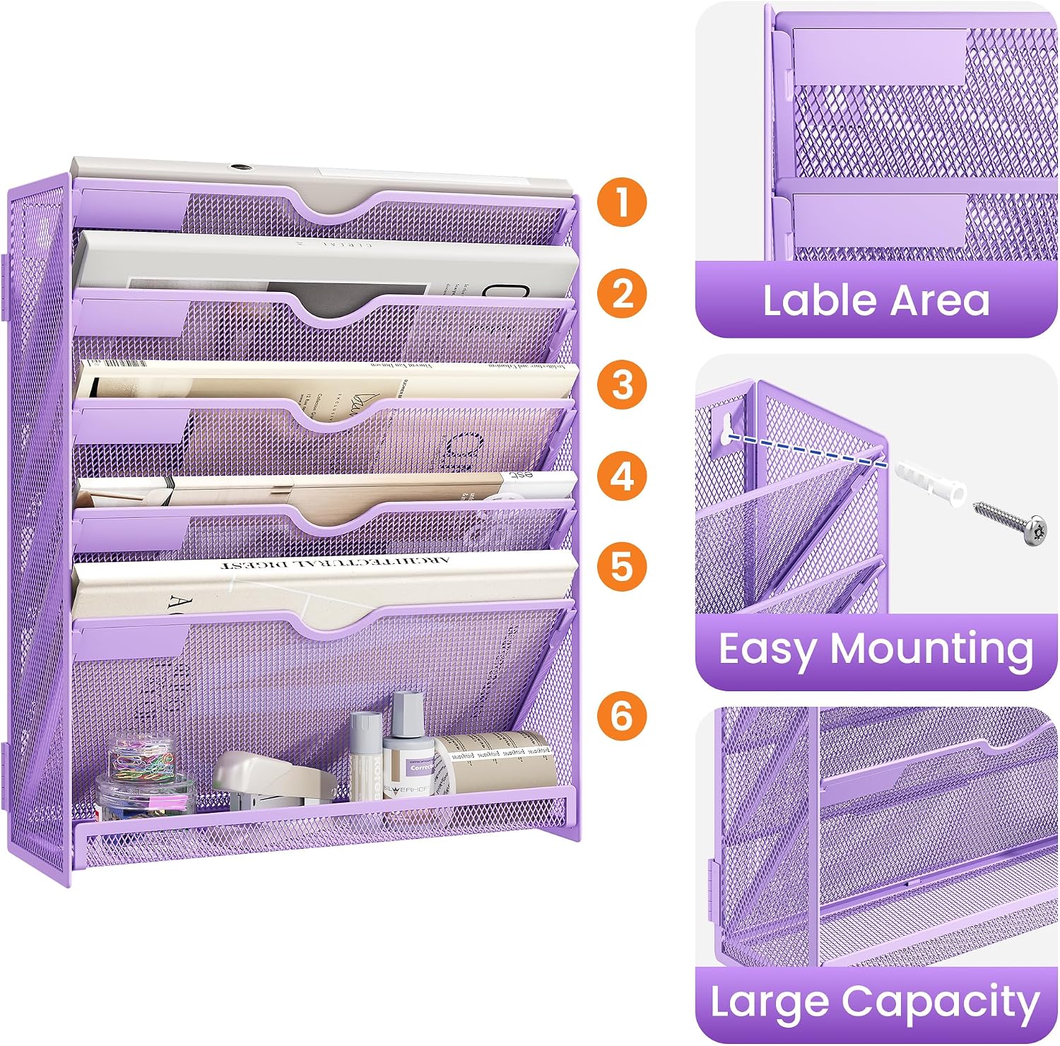 Detalle de SUBEKYU 6-Tier A4 Wall-Mounted File Organiser, Purple Metal Mesh