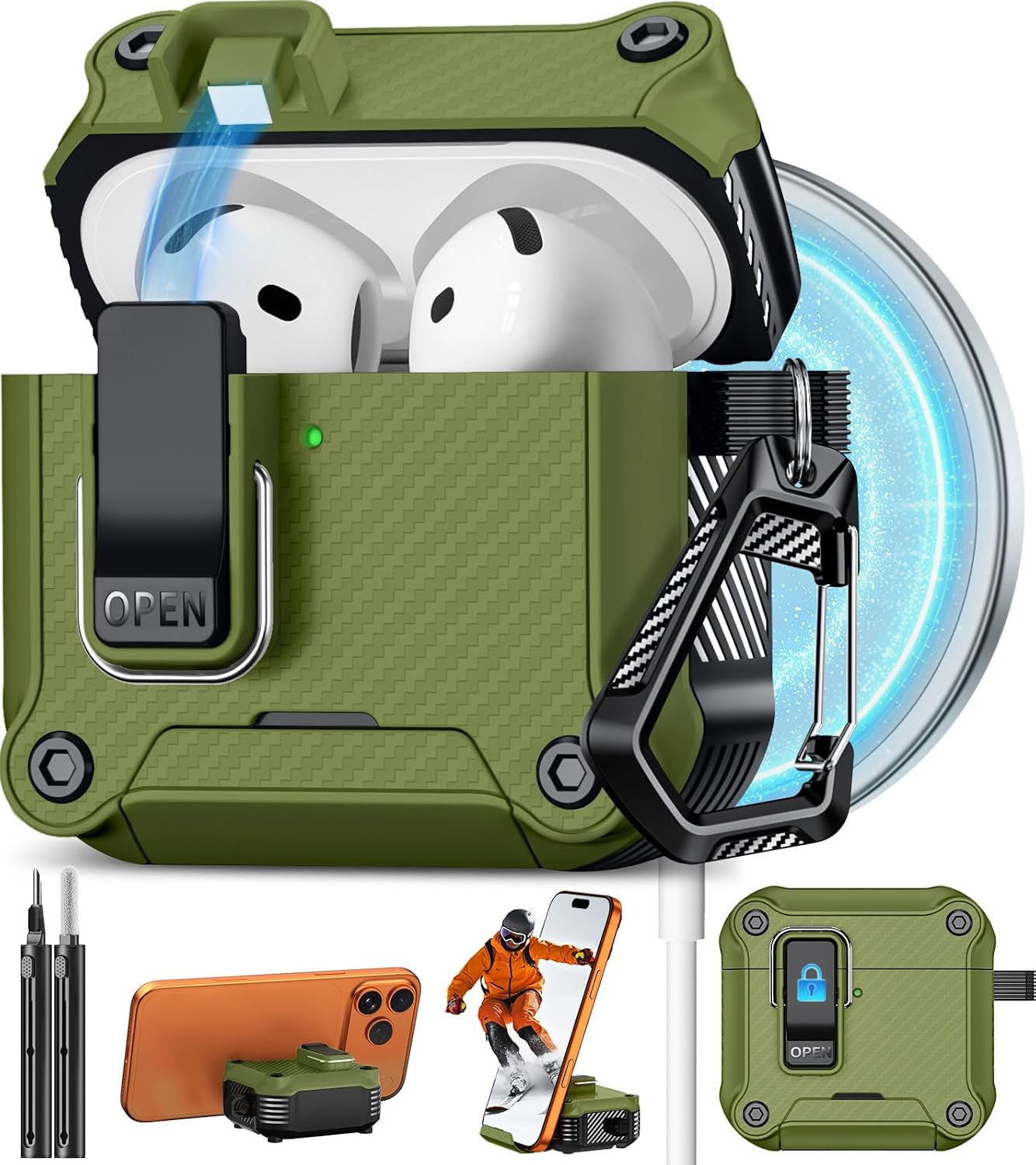 Detalle de Pohgelan AirPods 4 Case with Safety Lock in Dark Green — Carbon Fiber Texture, MagSafe Compatible