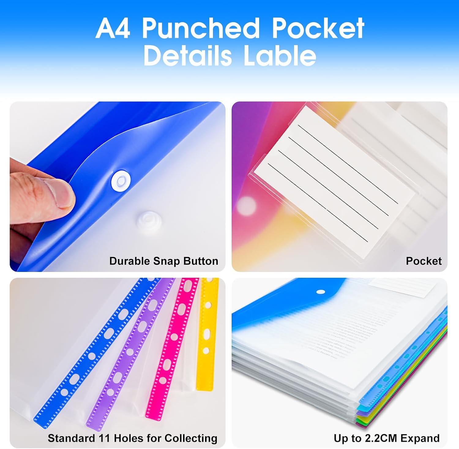 Thumbnail 3 de SdreMelo 16-pack A4 punched expandable plastic pockets with snap, 8 colours (5 binder rings included)