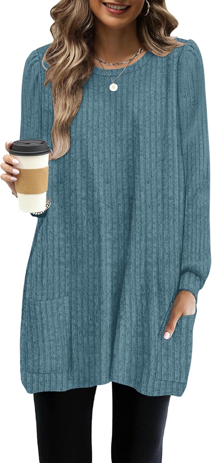 Detalle de WNEEDU Women's Long-Sleeve Sweater Dress with Pockets and Vertical Stripes