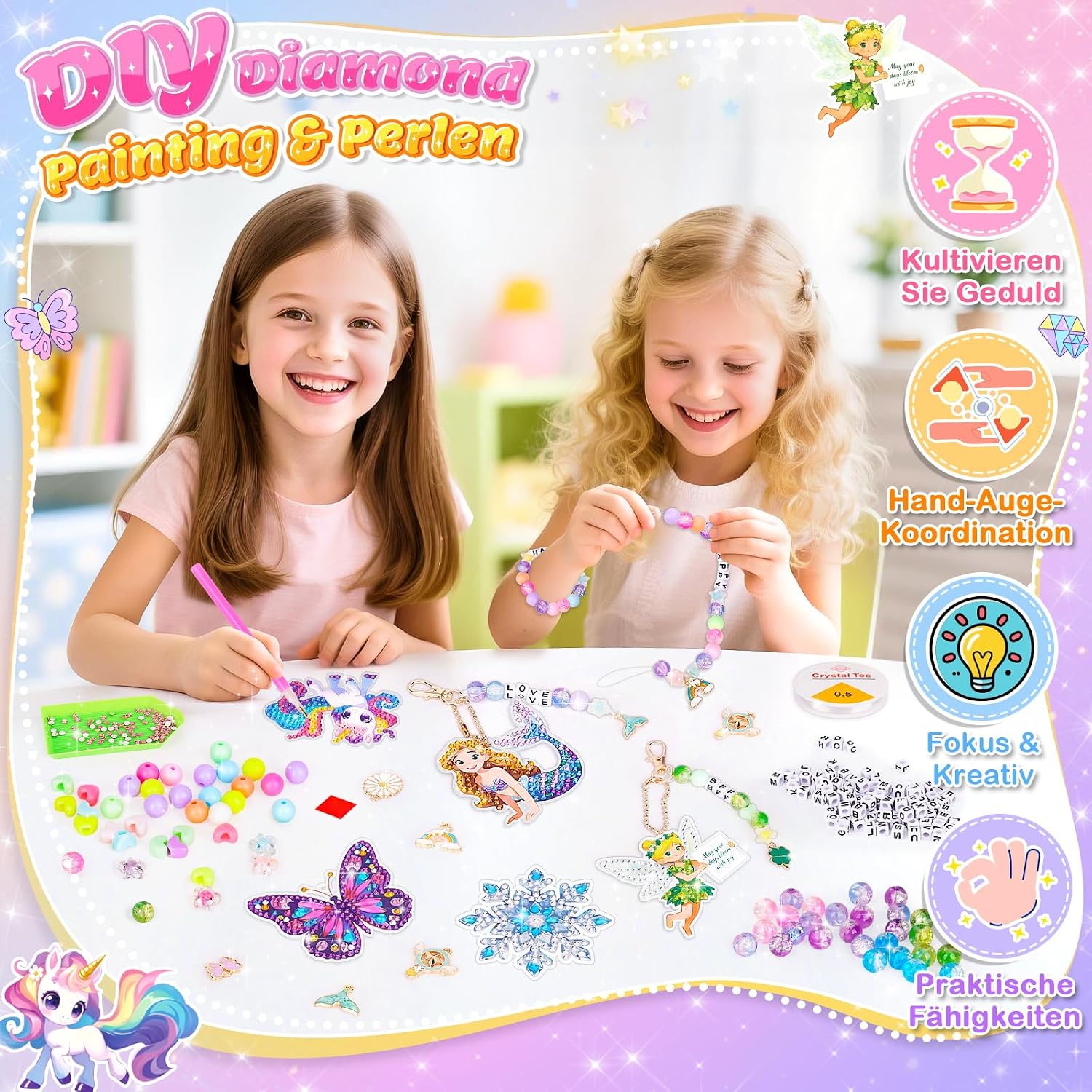 Detalle 2 de Geschenk Mädchen Diamond Painting 2-in-1 Bastelset – Schlüsselanhänger & Diamantenschmuck (6 Motive)