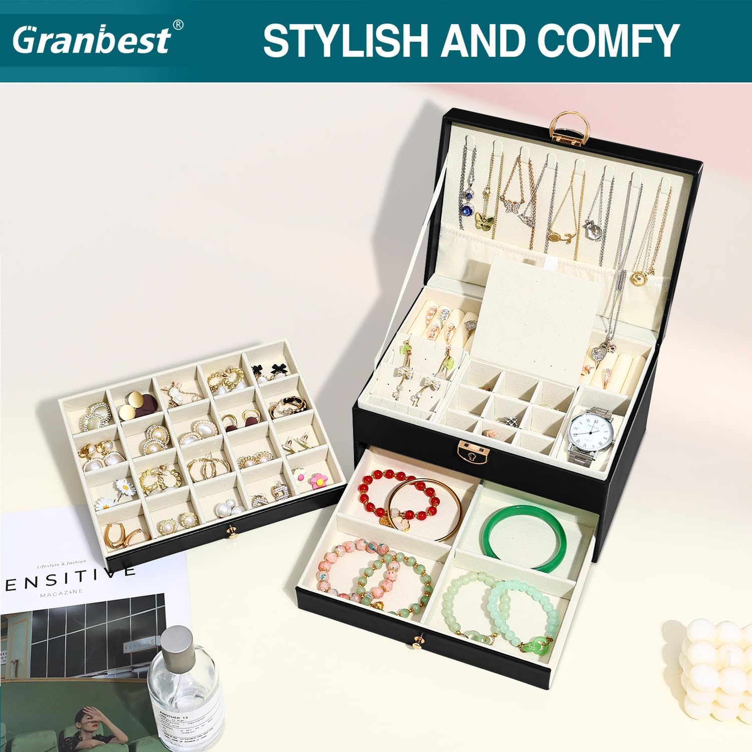 Thumbnail 1 de Granbest 3 Layers Jewellery Box with 2 Drawers (Black) – Elegant Leather Jewellery Storage Case