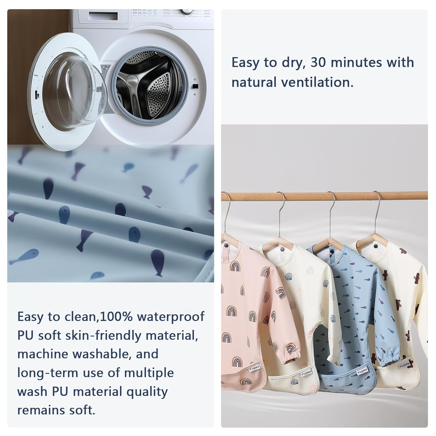 Detalle de Yiupea Lätzchen mit Ärmeln „Mess Proof“ (Baby Led Weaning), wasserdicht & maschinenwaschbar – Blau, 6–24 Monate