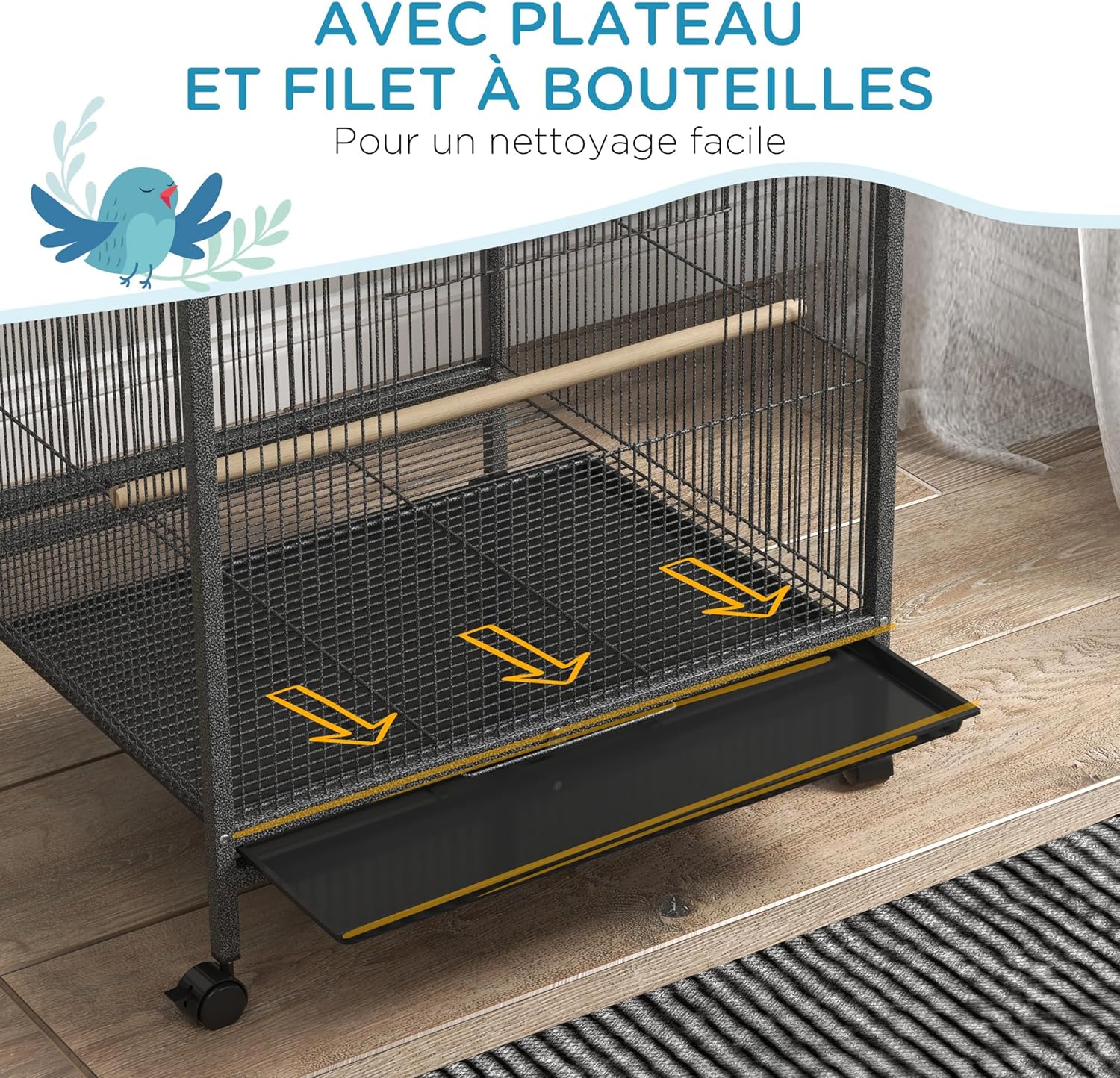 Detalle de PawHut Cage à Oiseau sur Pied – Volière 48 x 46 x 78 cm en Acier Noir, avec balançoire et perchoirs