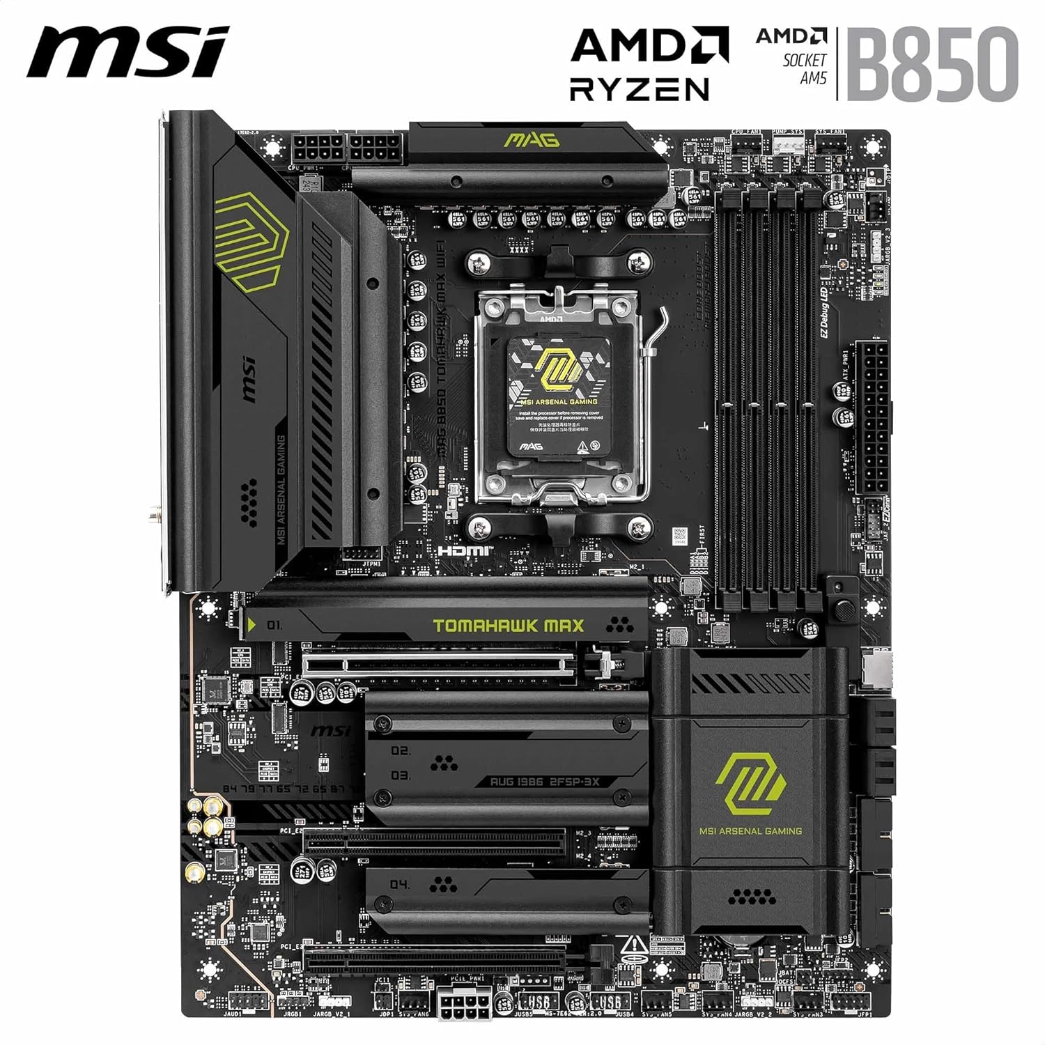 Detalle de MSI MAG B850 TOMAHAWK MAX WIFI (ATX) AM5 motherboard with Wi‑Fi 7 and 5G LAN