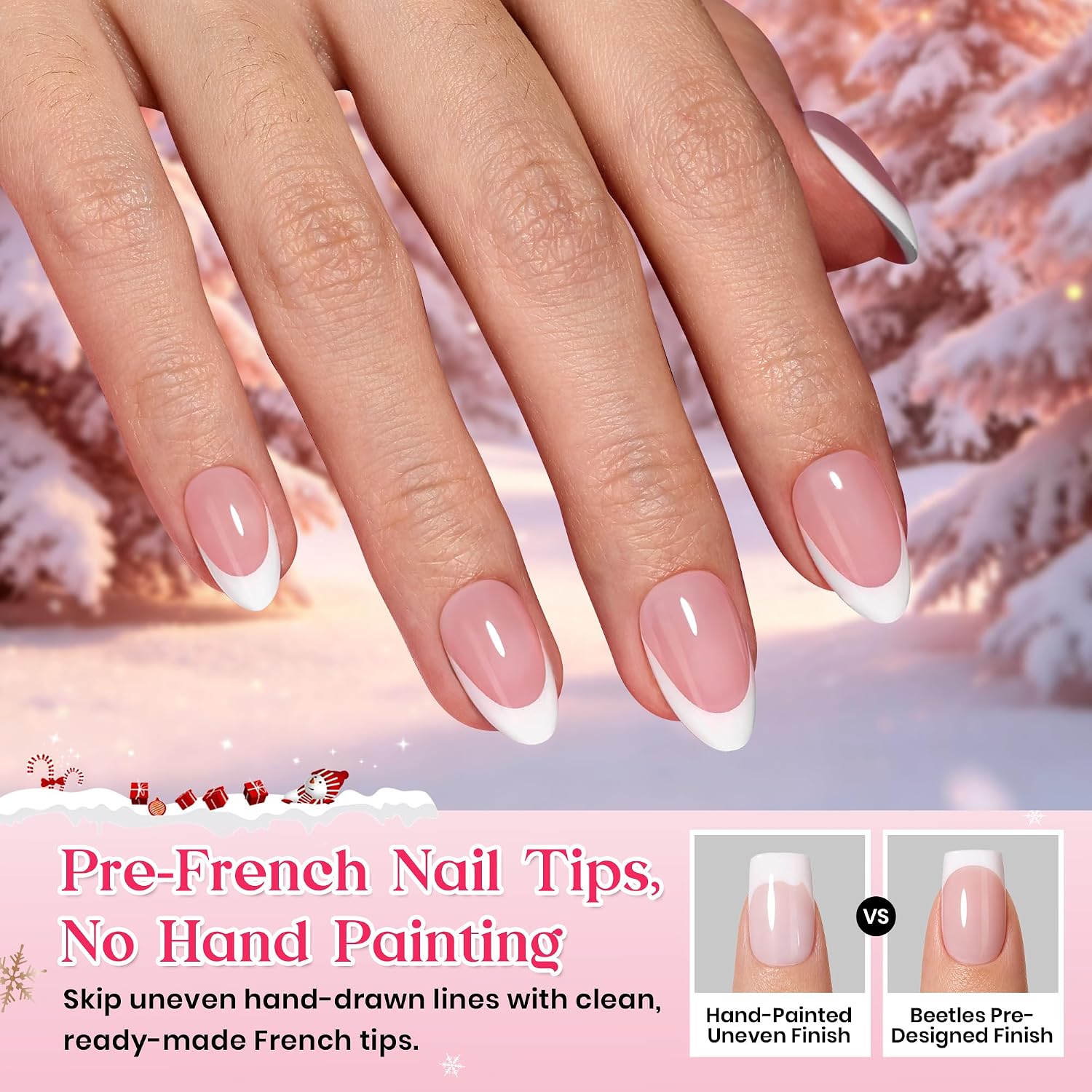 Detalle 2 de Beetles French Tips Press On Nails: 224 Pink Short Almond Nails (16 Sizes)