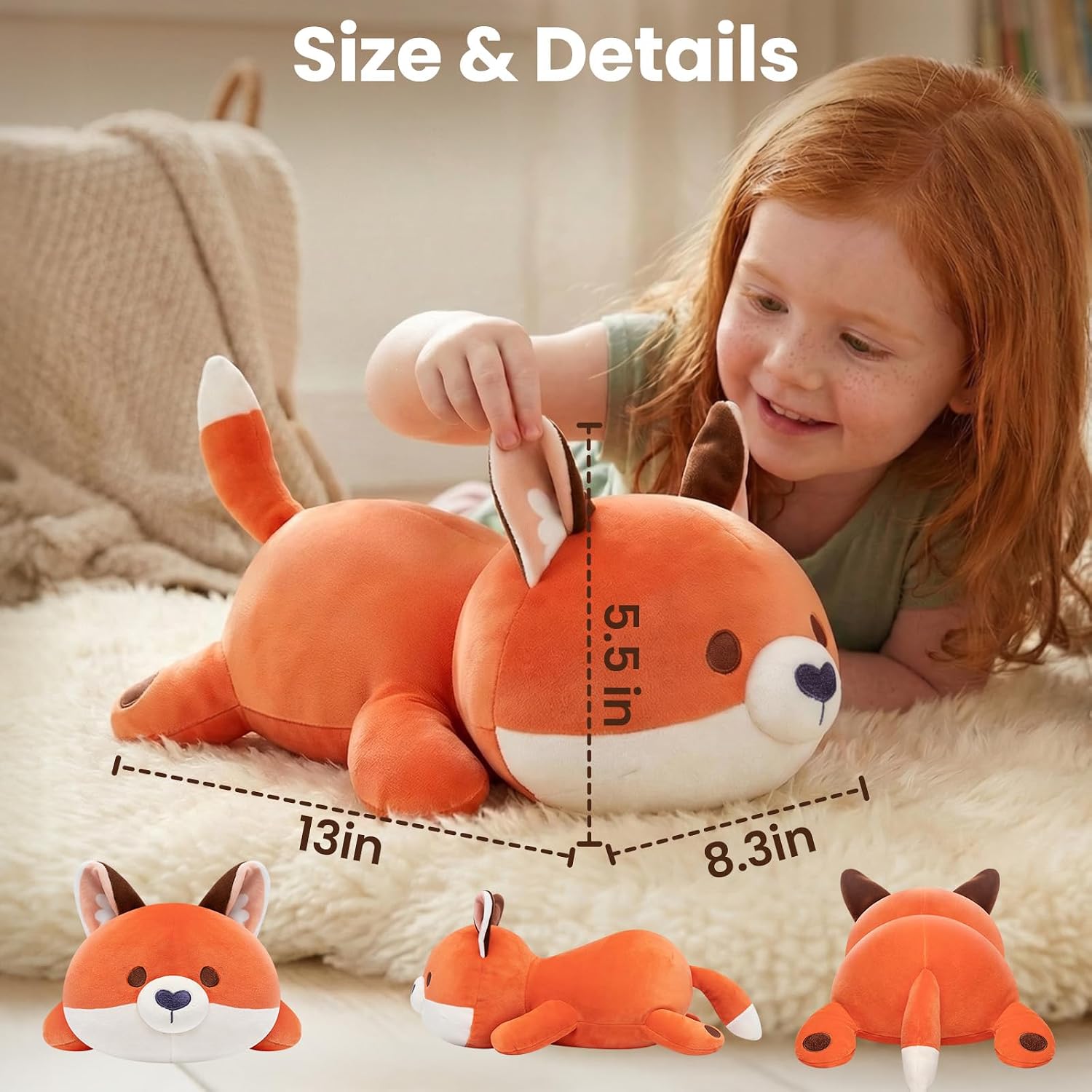 Detalle de Mewaii Cute Fox Plush Pillow (13-inch) – kawaii red fox cuddly stuffed cushion for kids & girls