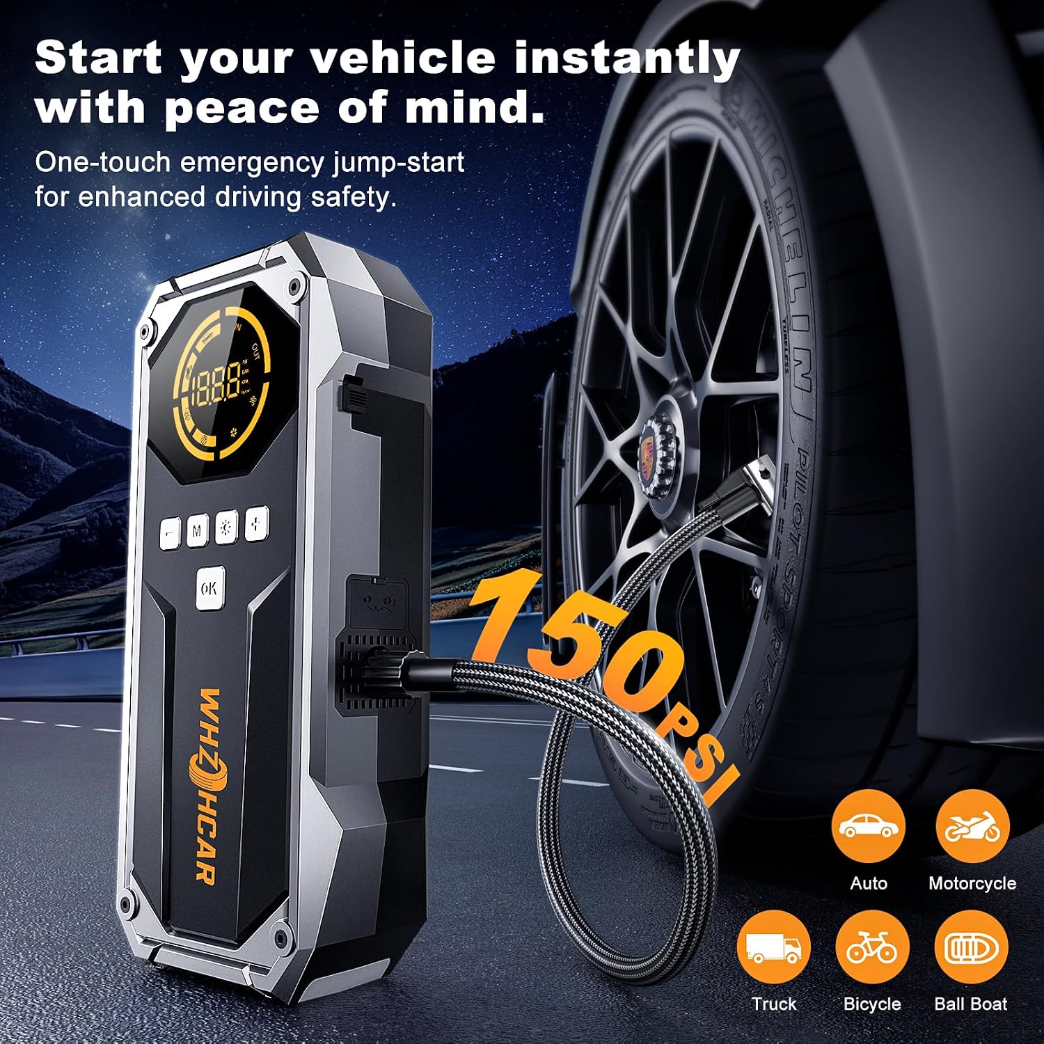 Thumbnail 2 de WHZOHCAR Avviatore Emergenza per Auto 150 PSI (8000A) con Compressore, LCD e Torcia LED