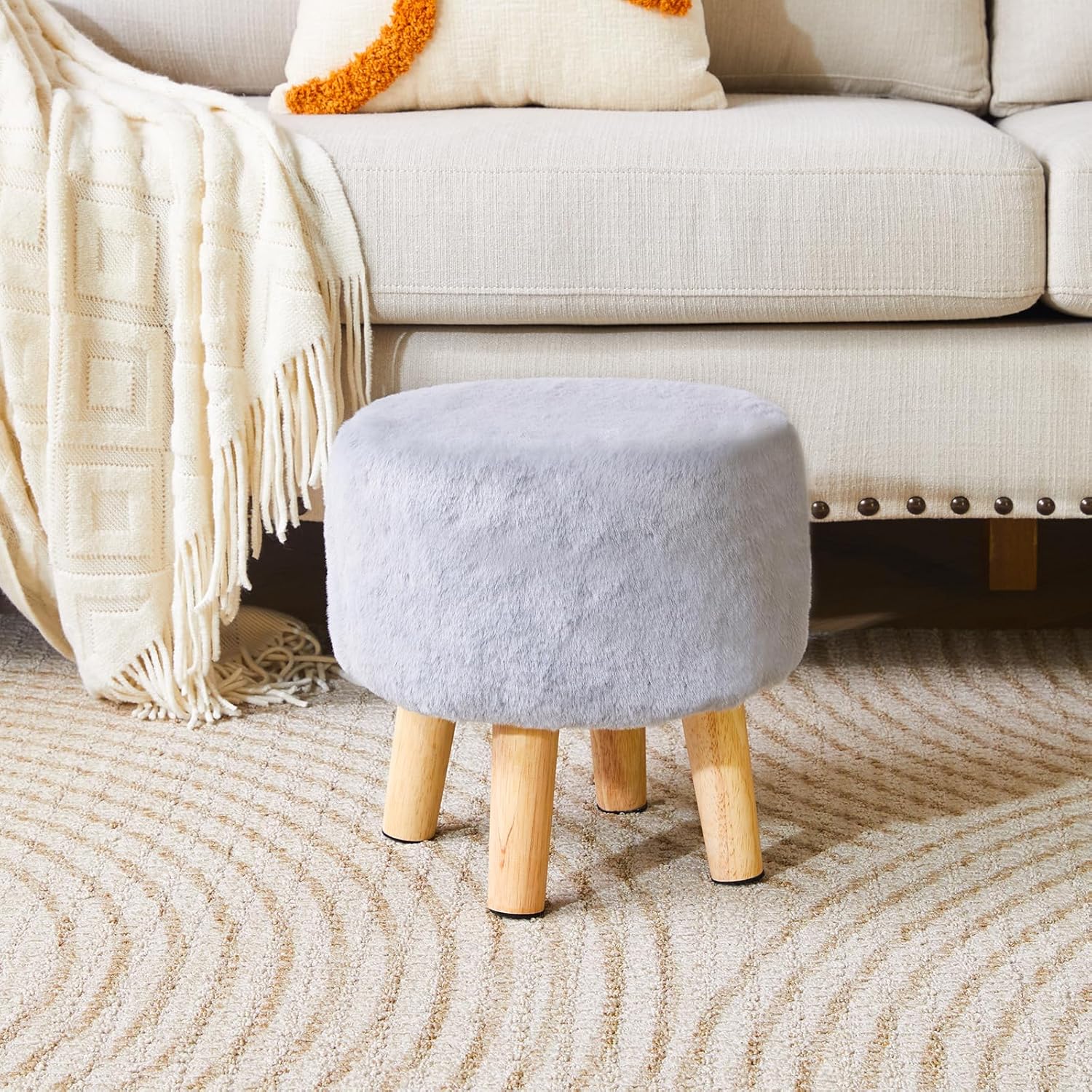 Thumbnail 5 de YMYNY Rotondo Poggiapiedi/Sgabello Ottomano in Poliestere con Gambe in Legno – Grigio, 32×32×32 cm