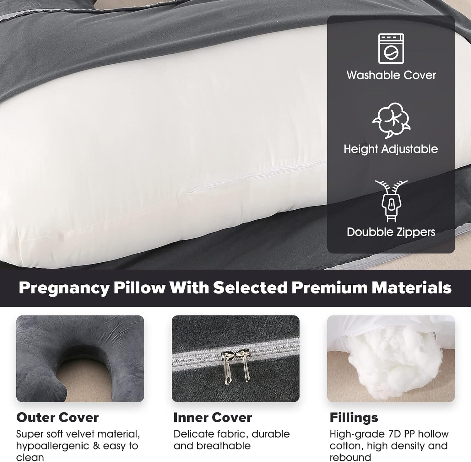 Detalle de Elover 57-Inch U-Shaped Pregnancy Pillow with Removable Velvet Cover
