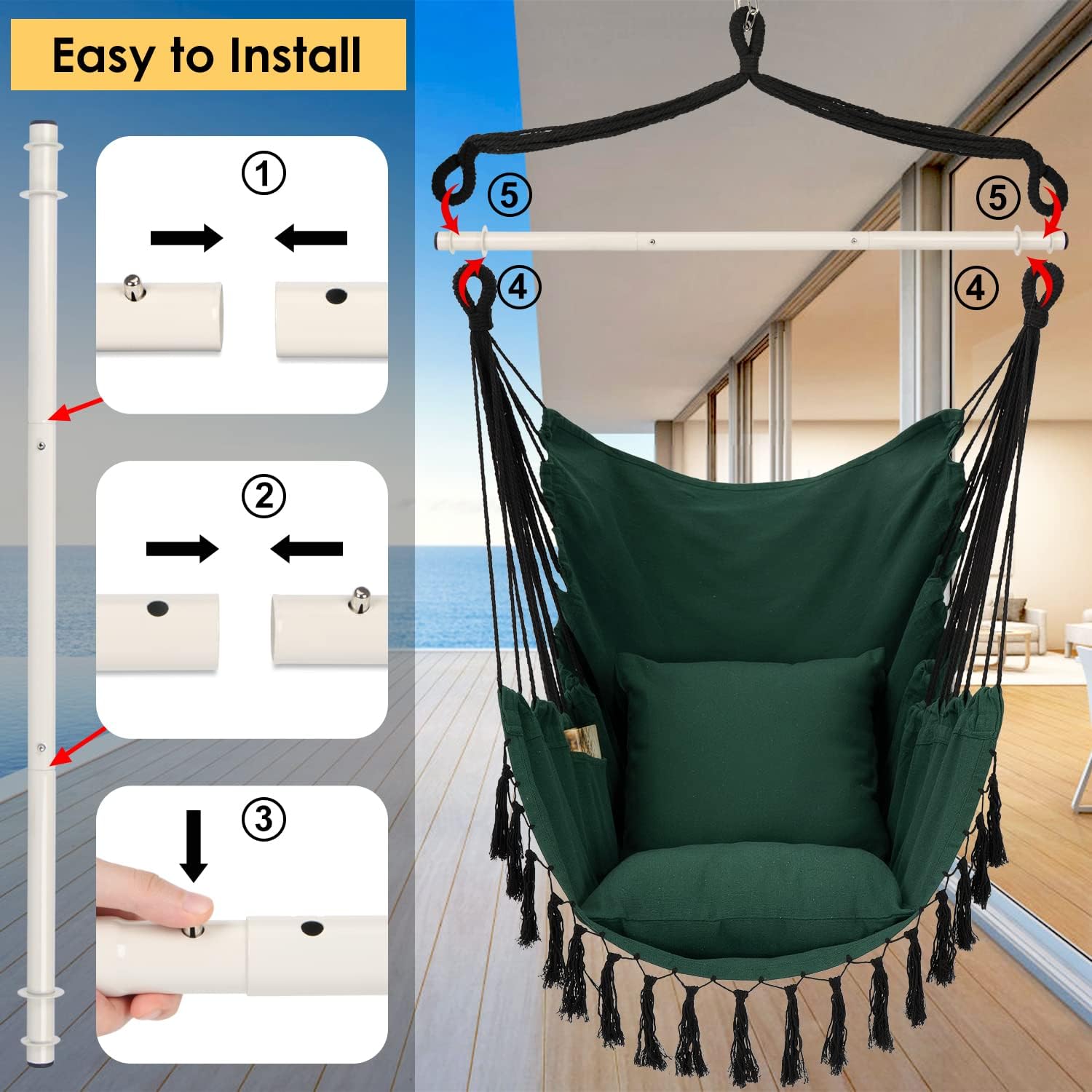 Detalle 2 de Y- STOP YS-MAC-green Macrame Hanging Chair, 500 lb Limit, Cushions and Pocket