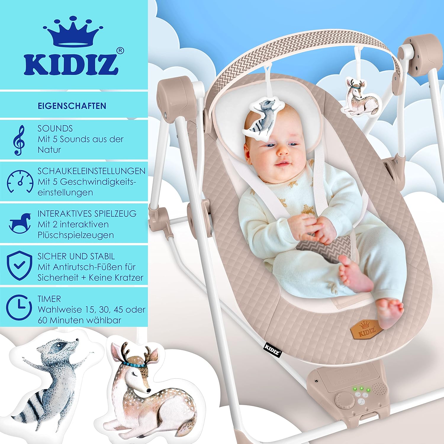 Detalle 2 de KIDIZ® Babywippe Babyschaukel mit 5 Geschwindigkeiten – klappbar, inkl. Spielbogen und 5 Naturgeräuschen