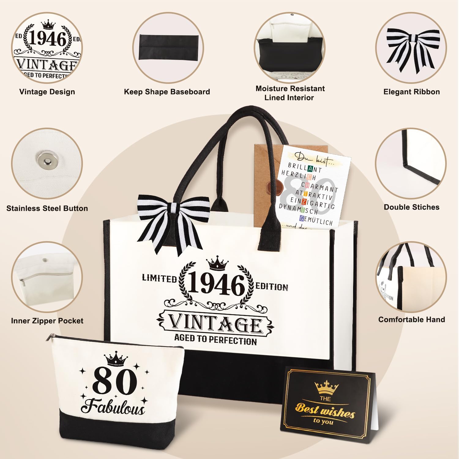 Detalle 2 de Giftota 80. Geburtstag Geschenkset für Frauen: Vintage 1946 Canvas-Tragetasche, Kosmetiktasche & Grußkarte