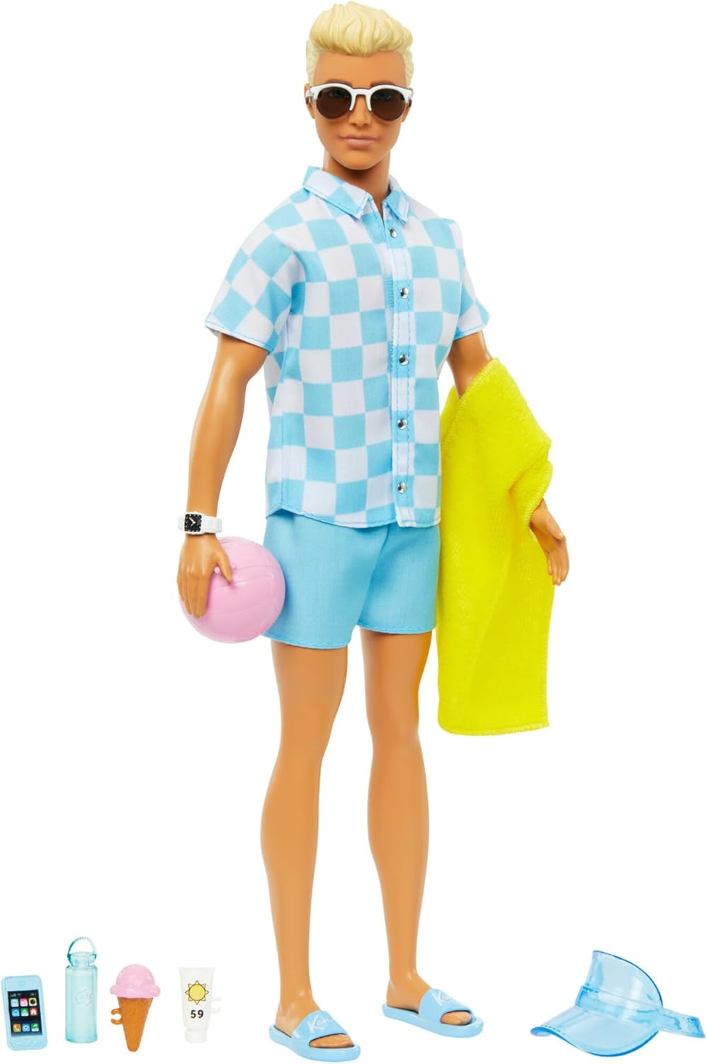 Barbie Ken Día en la Playa (HPL74) muñeco con accesorios playeros, hecho con plásticos reciclados