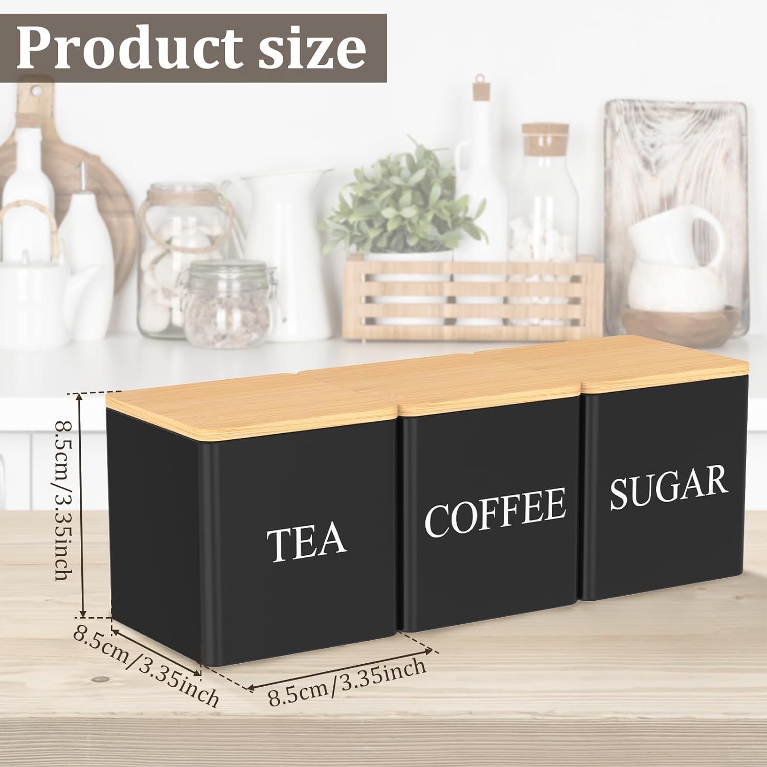 Thumbnail 6 de NIHUIFDPY 3Pcs Tea Coffee Sugar Canister Set, 500ml Metal Storage Tin with Bamboo Lids (Black)