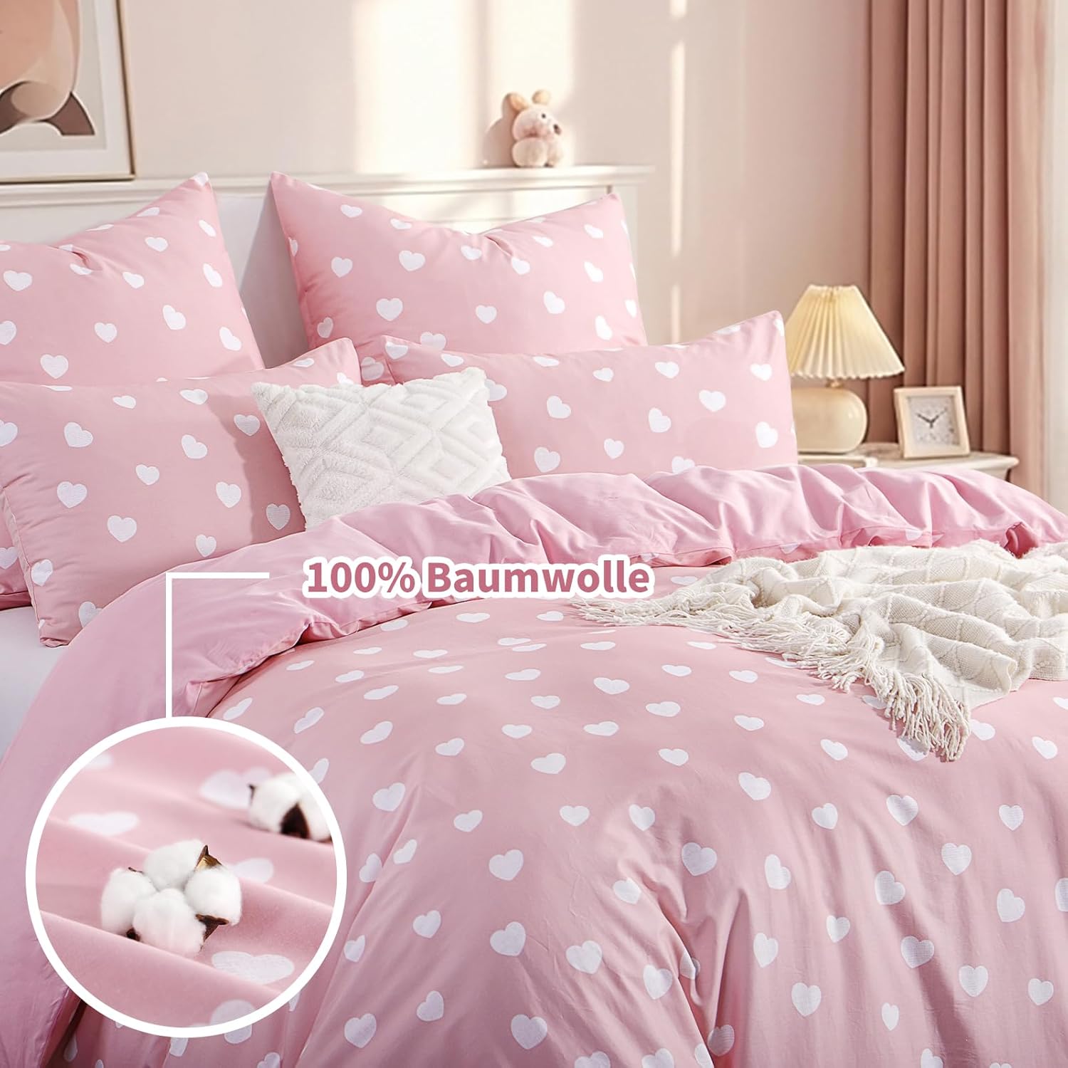 Thumbnail 2 de RUIKASI Bettwäsche 135x200 Baumwolle 4-teilig rosa mit Herzen (Reißverschluss)