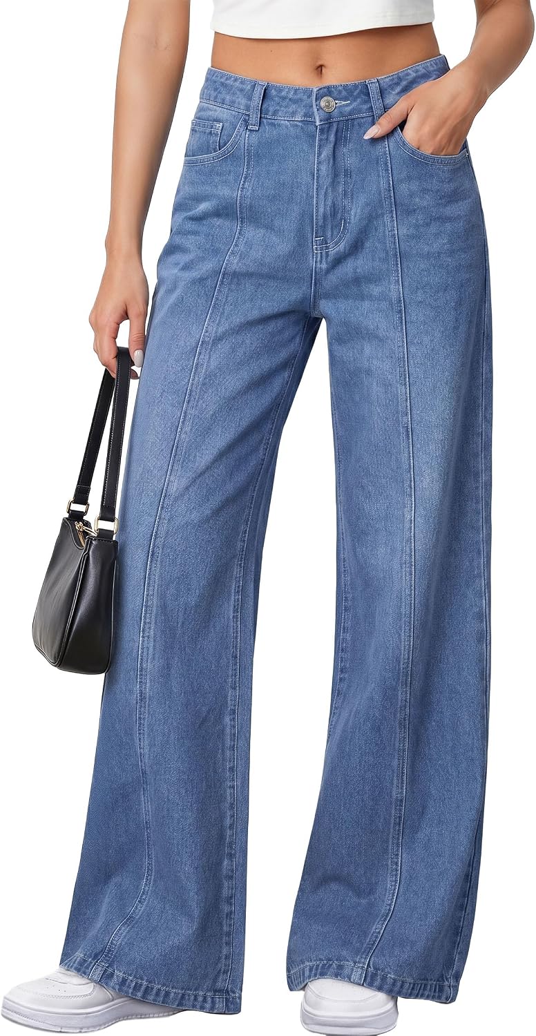 Detalle de PRETTYGARDEN Wide-Leg Jeans for Women, Stretch Denim, High-Rise, Seamed Front