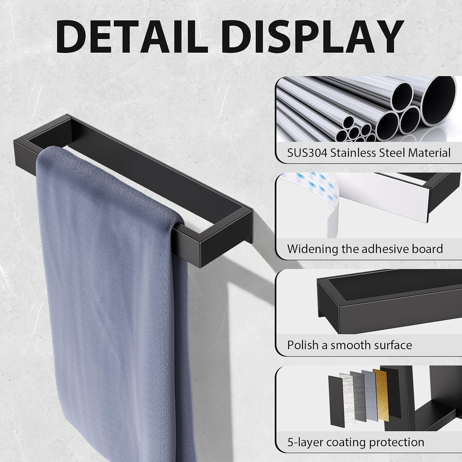 Detalle de YACVCL 30cm Self-Adhesive Towel Holder in Matte Black (SUS304 Stainless Steel)