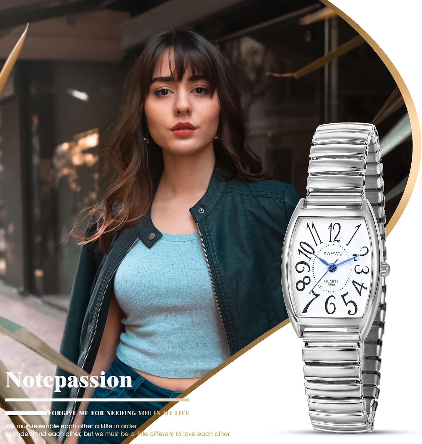 Detalle de Avaner Uhren Damen Rechteckig Stretchband – Elastische Armbanduhr mit Großziffern