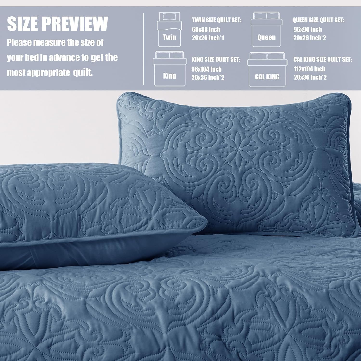 Detalle 2 de Exclusivo Mezcla QS-YP-QBL Full/Queen Quilt Set, Grayish Blue Damask Microfiber