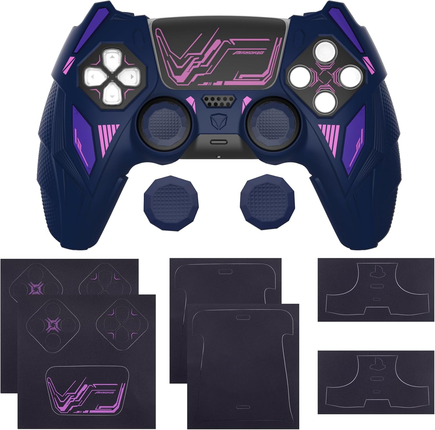Thumbnail 1 de PlayVital Mecha Rhino silicone cover for PS5 controller with thumb grips & stickers (Midnight Blue & Purple)