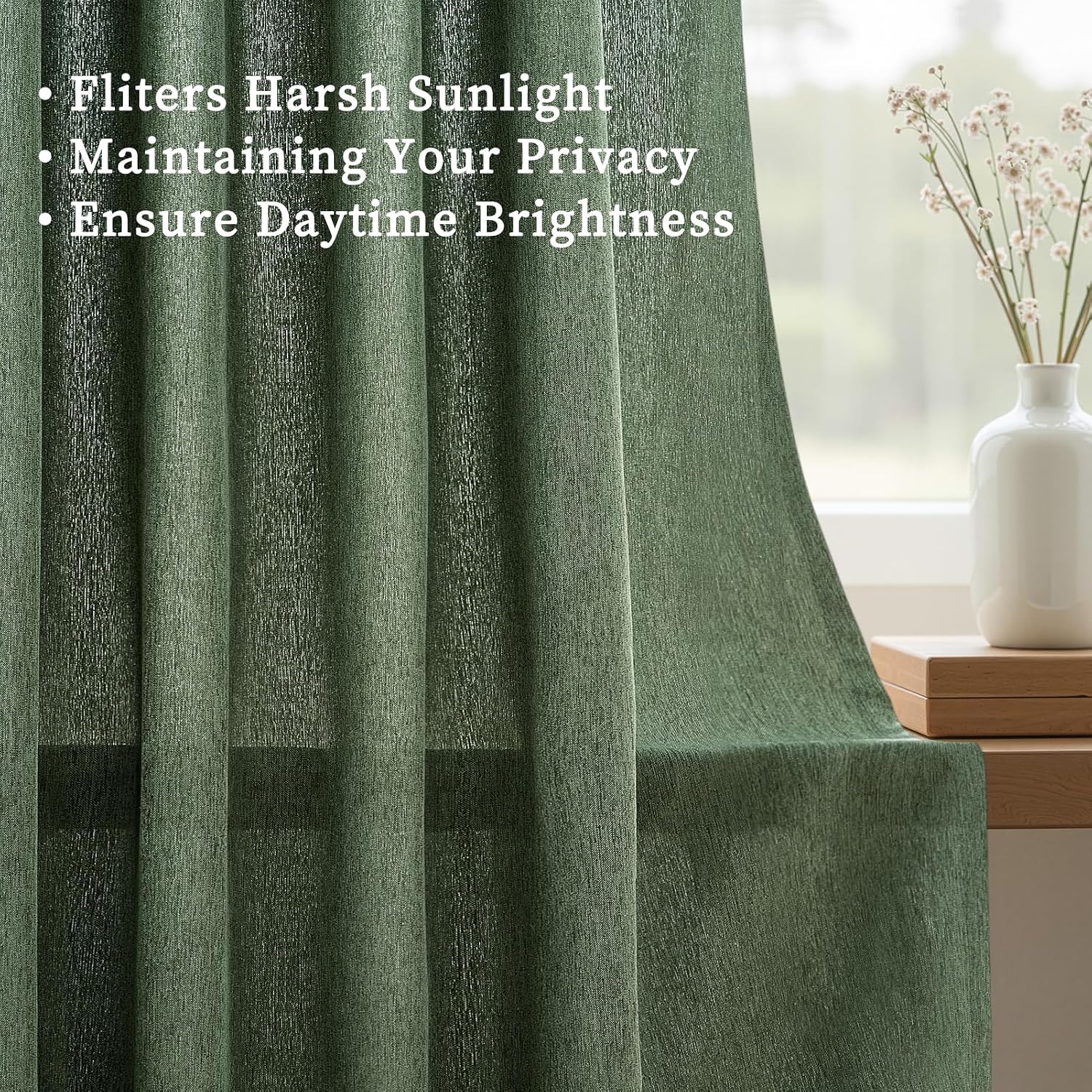 Detalle de Drapenova RBPPCL227 Olive Green Linen-Blend Curtains, 52 x 96 in, Back Tab