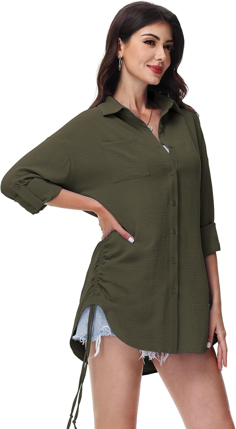Thumbnail 1 de Tanmolo Damen Longbluse mit V-Ausschnitt – lockeres Hemdbluse-Layer mit Kordelzug