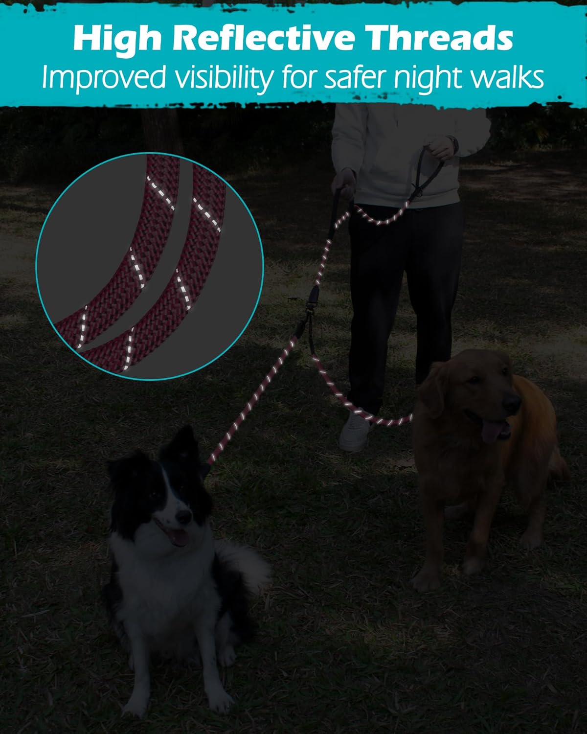 Thumbnail 5 de PetBonus Rope Double Dog Lead (No Tangle) with Reflective Handles and 360° Swivel Clip