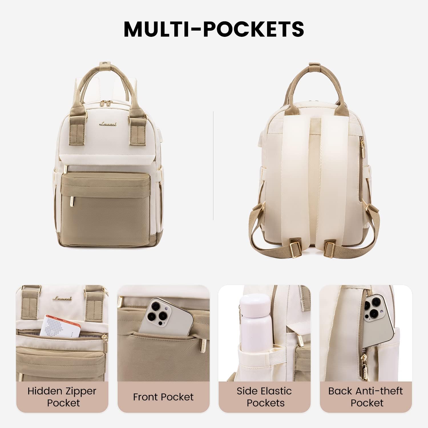 Detalle de LOVEVOOK Petit Sac à Dos Femme – Mini Sac à Dos Étanche et Antivol, USB Charge Portable, kaki/beige