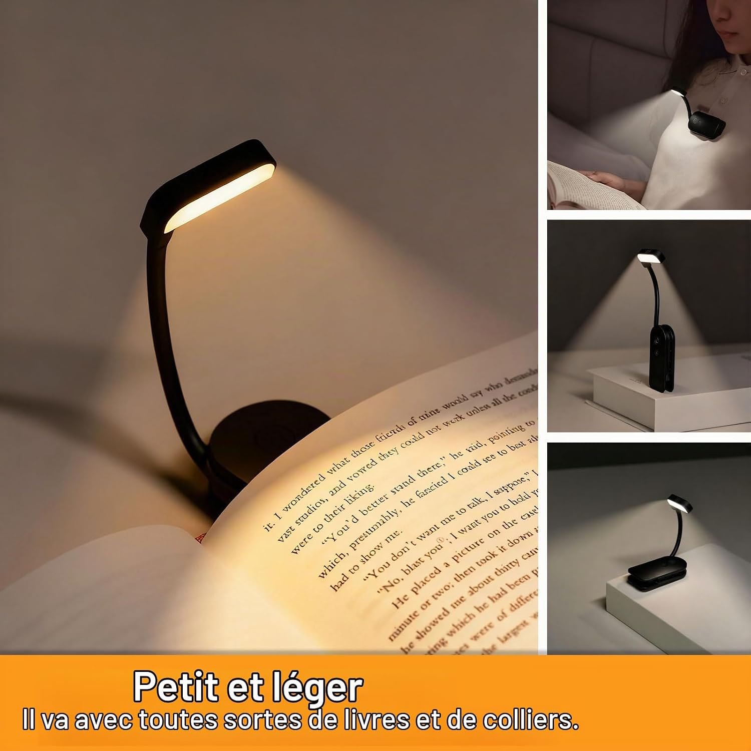 Detalle 2 de AdalyRoma F26 boekenlamp met clip, 9 leds, 3 lichtkleuren en 360° verstelbaar