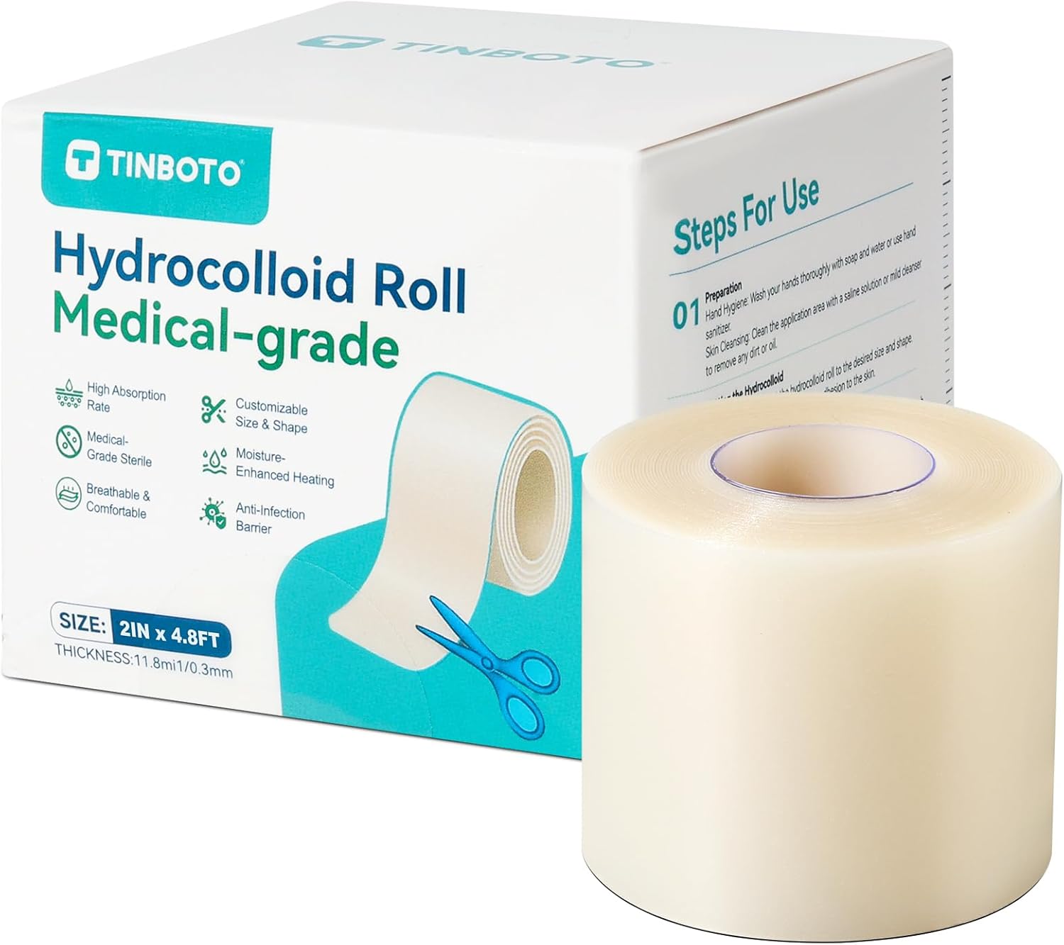 Detalle de TINBOTO TIN-WHC-FT Hydrocolloid Wound Care Roll, 2IN x 4.8FT