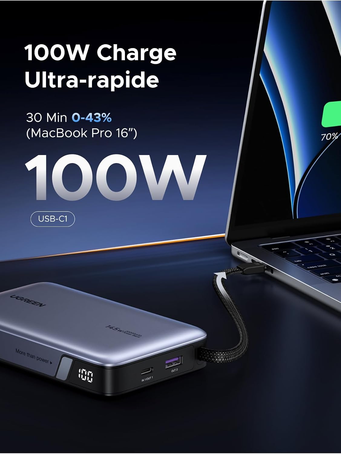 Detalle de UGREEN Nexode 145 W powerbank 20.000 mAh met geïntegreerde USB-C-kabel