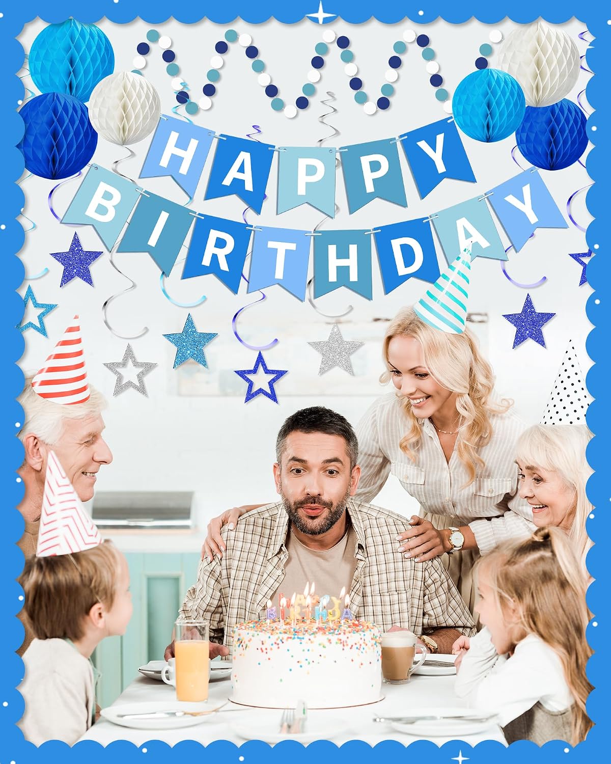 Detalle de Blue Happy Birthday Decorations: Banner Set with Honeycomb Balls, Star Swirl Streamers & Dots Garland