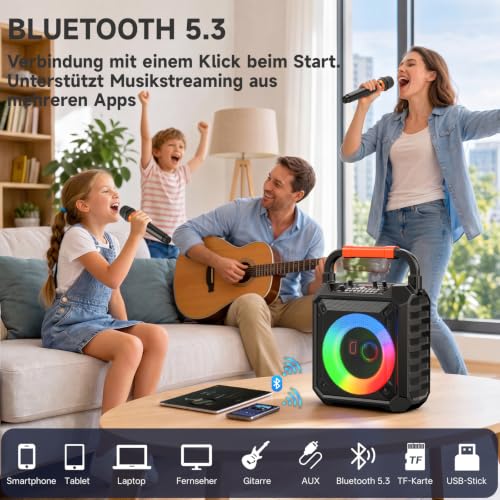 Detalle de JYX Karaoke Maschine mit 2 kabellosen Mikrofonen – Bluetooth 5.3, 80W, 6,5-Zoll Bass, bis zu 12 Std. Akku