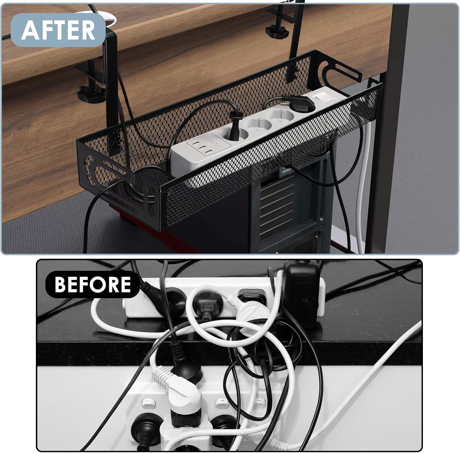 Detalle de Mzmaxy Under-Desk Cable Management Tray, Black Metal, Clamp-On